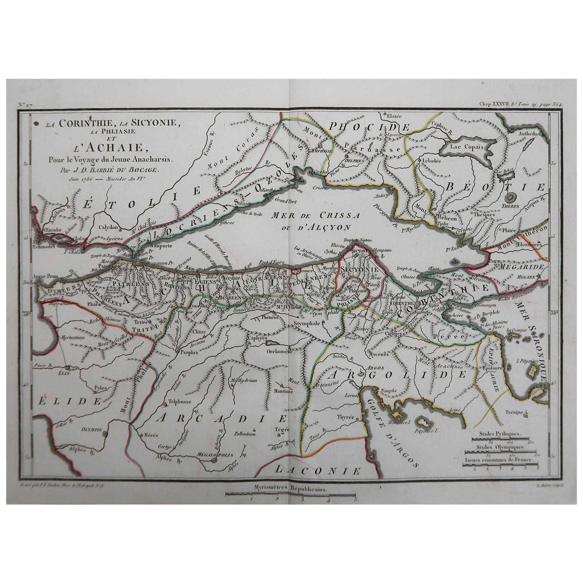 Original Antique Map of Ancient Greece, Achaia, Corinth, 1786