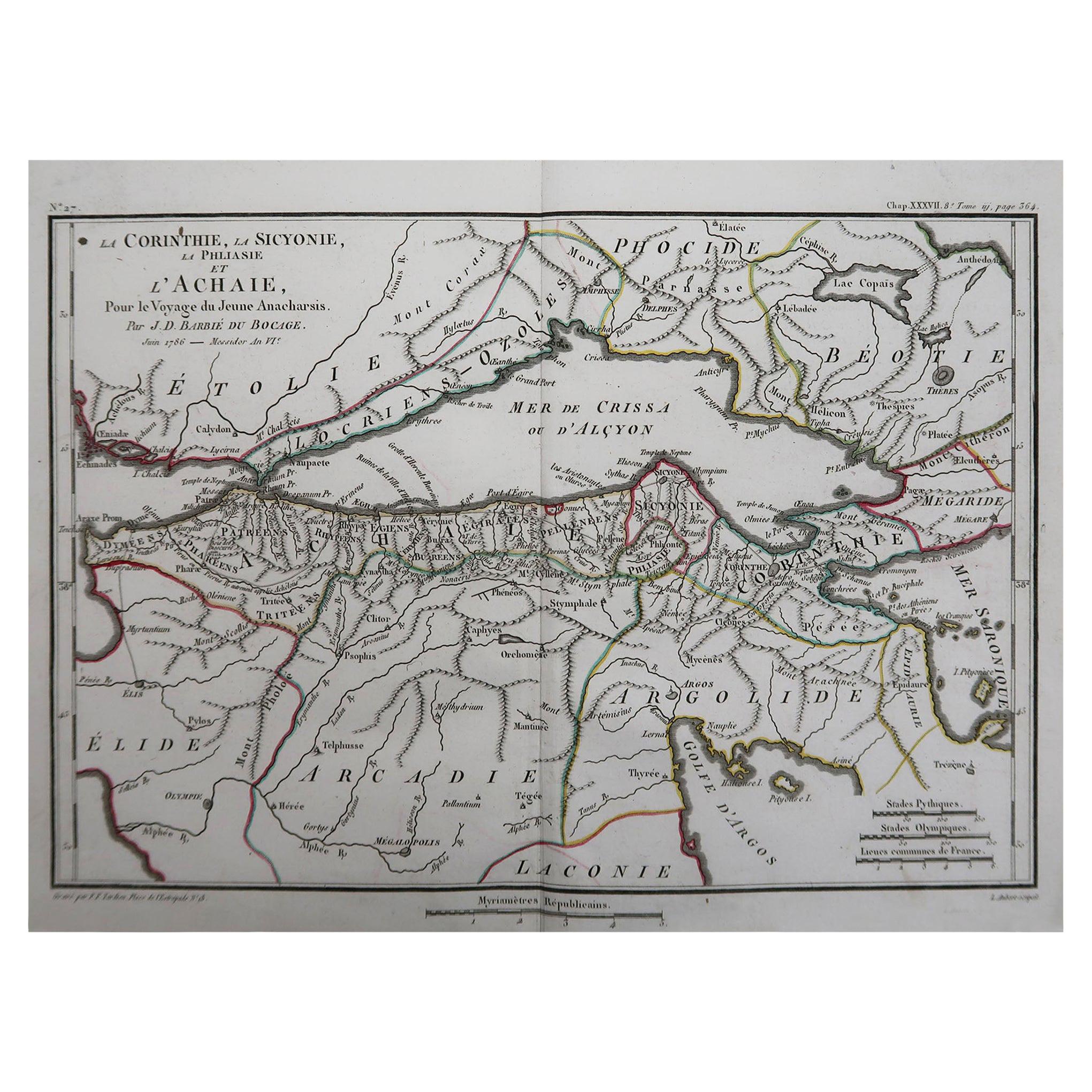 Original Antique Map of Ancient Greece, Achaia, Corinth, 1786