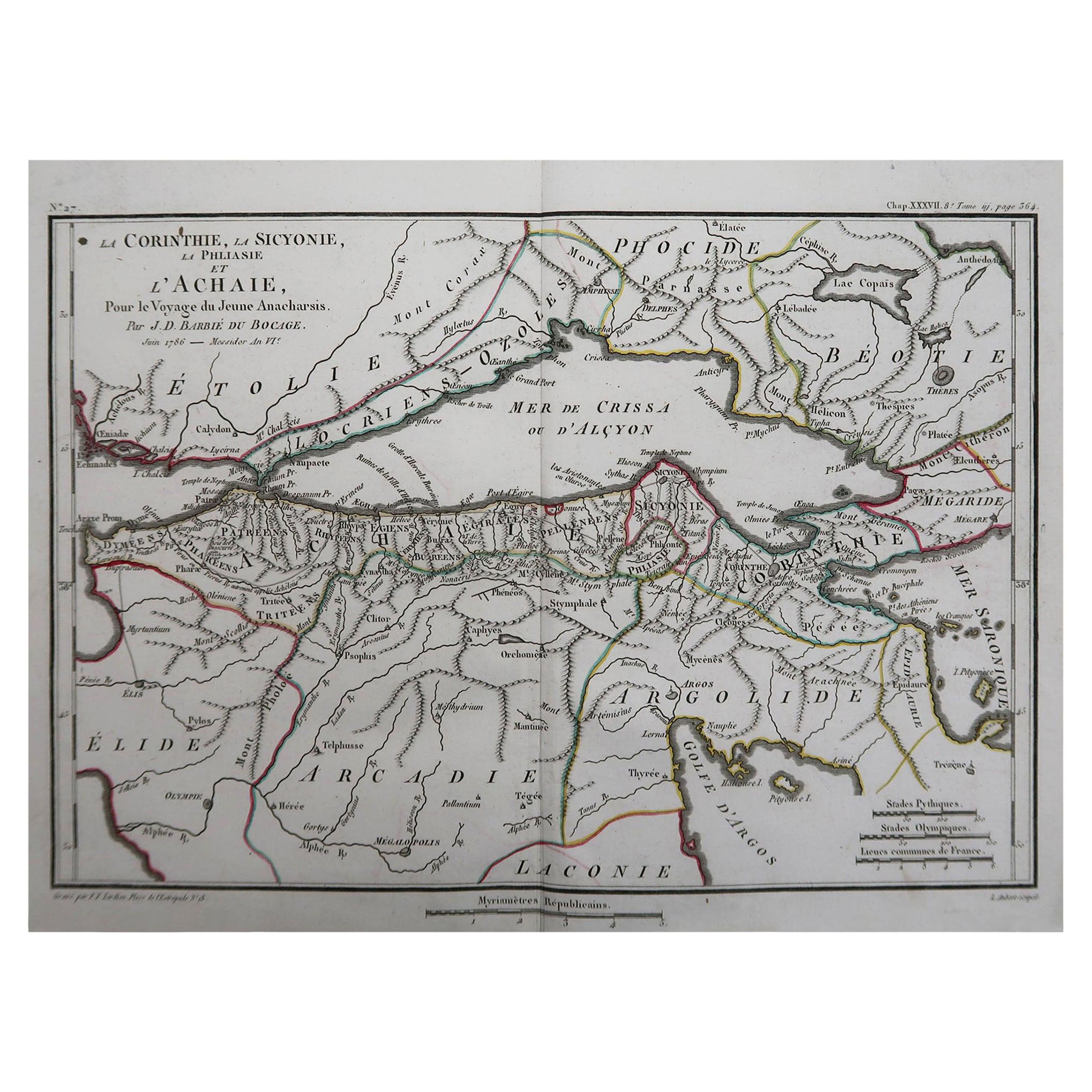 Mappa antica originale dell'Antica Grecia, Acaia, Corinto, 1786