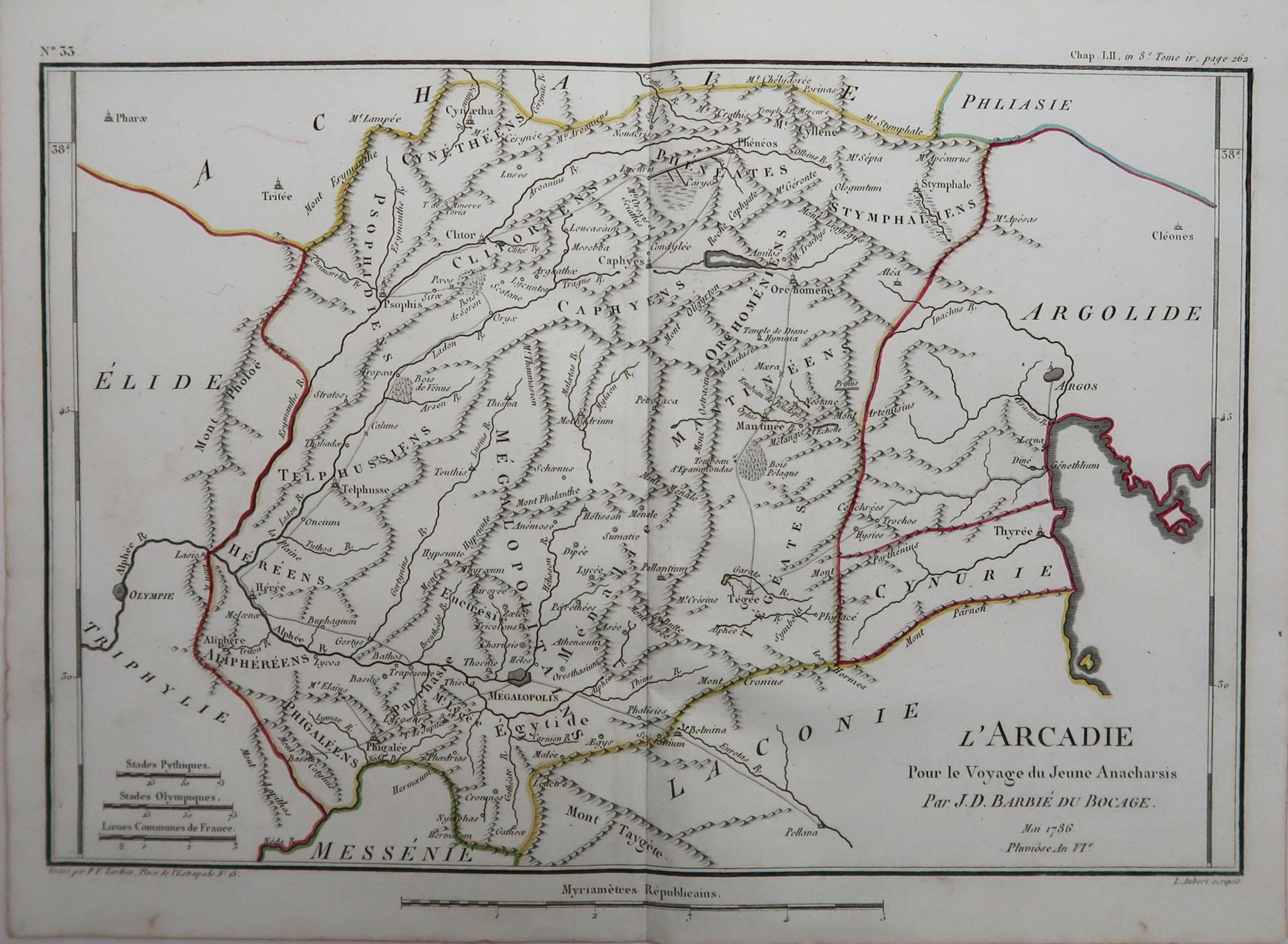 Great map of Ancient Greece. Showing the region of Arcadia

Drawn by J.D. Barbie Du Bocage

Copper plate engraving by P.F Tardieu

Original hand color outline.

Published 1786

Unframed.


 