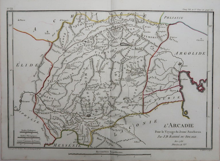 Great map of Ancient Greece. Showing the region of Arcadia

Drawn by J.D. Barbie Du Bocage

Copper plate engraving by P.F Tardieu

Original hand color outline.

Published 1786

Unframed.


 