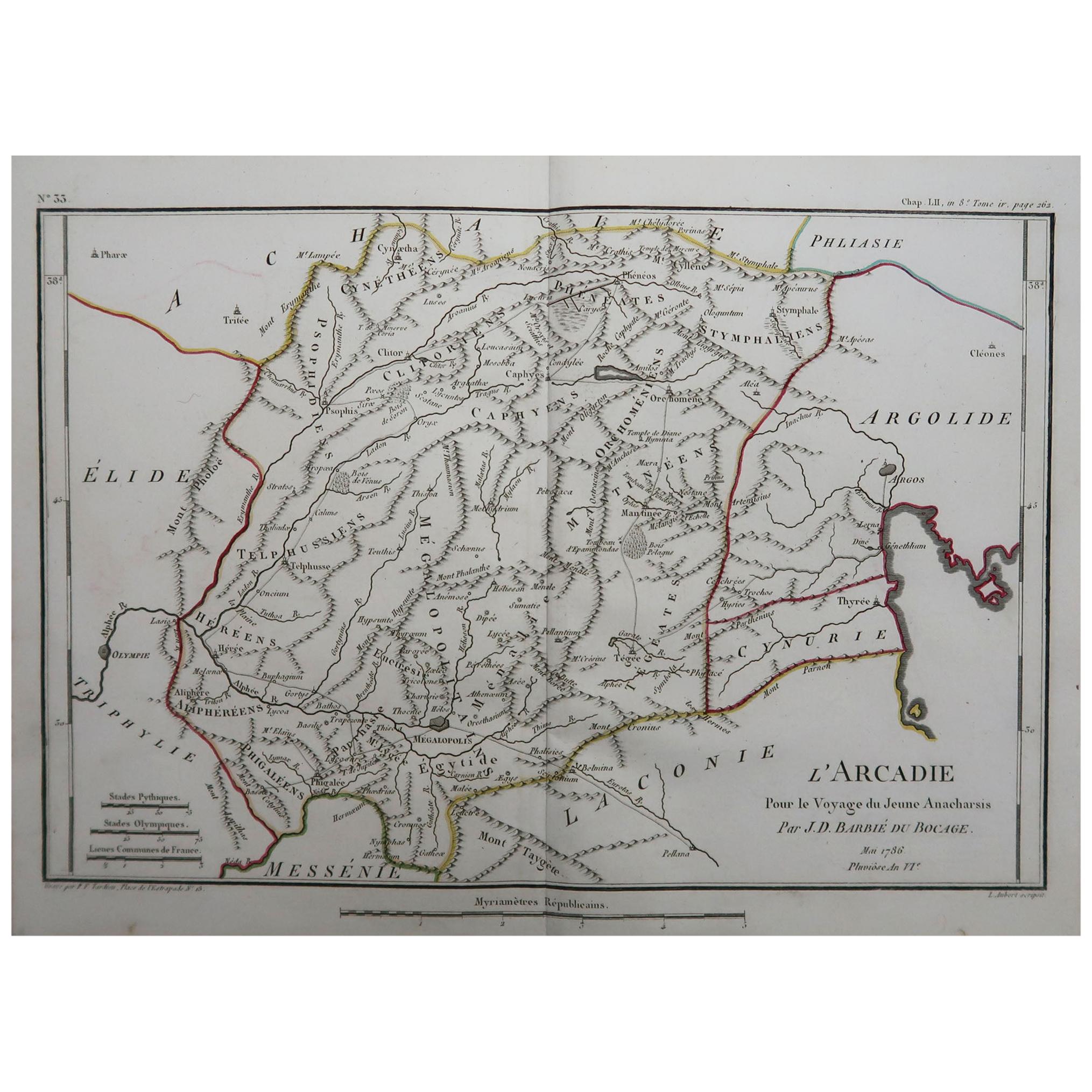 Original Antique Map of Ancient Greece, Arcadia, 1786