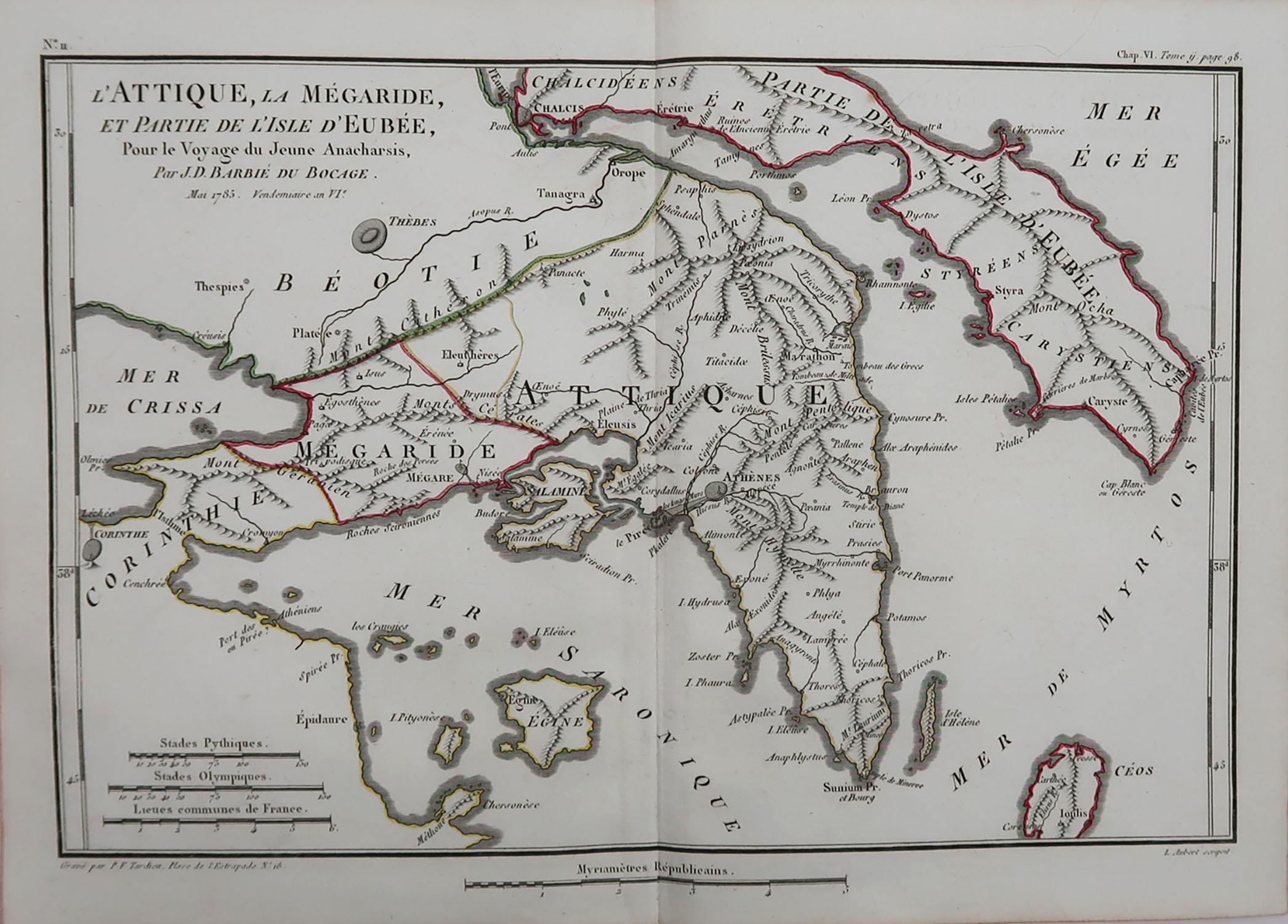 Great map of Ancient Greece. Showing the region of Attica and Athens

Drawn by J.D. Barbie Du Bocage

Copper plate engraving by P.F Tardieu

Original hand color outline.

Published 1785

Unframed.


  