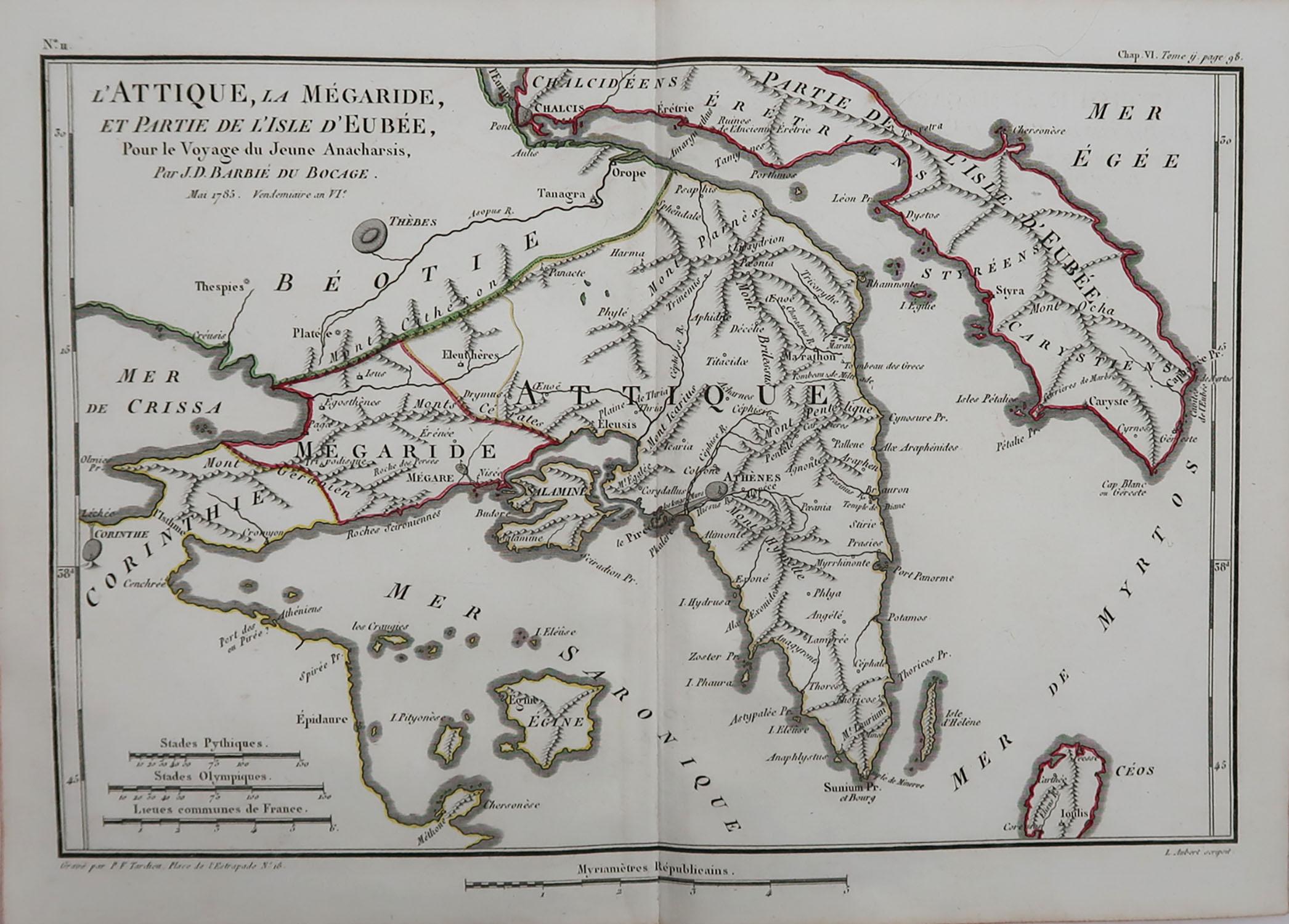 Grande mappa dell'Antica Grecia. Mostra la regione dell'Attica e di Atene

Disegnato da D. & J. Barbie Du Bocage

Incisione su lastra di rame di P. A. I. P.

Profilo originale colorato a mano.

Pubblicato nel 1785

Senza cornice.


 