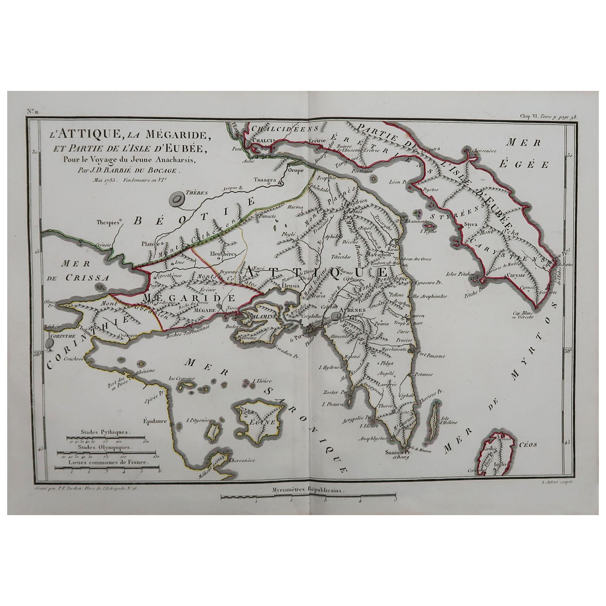 Original Antique Map of Ancient Greece Attica, Athens, 1785