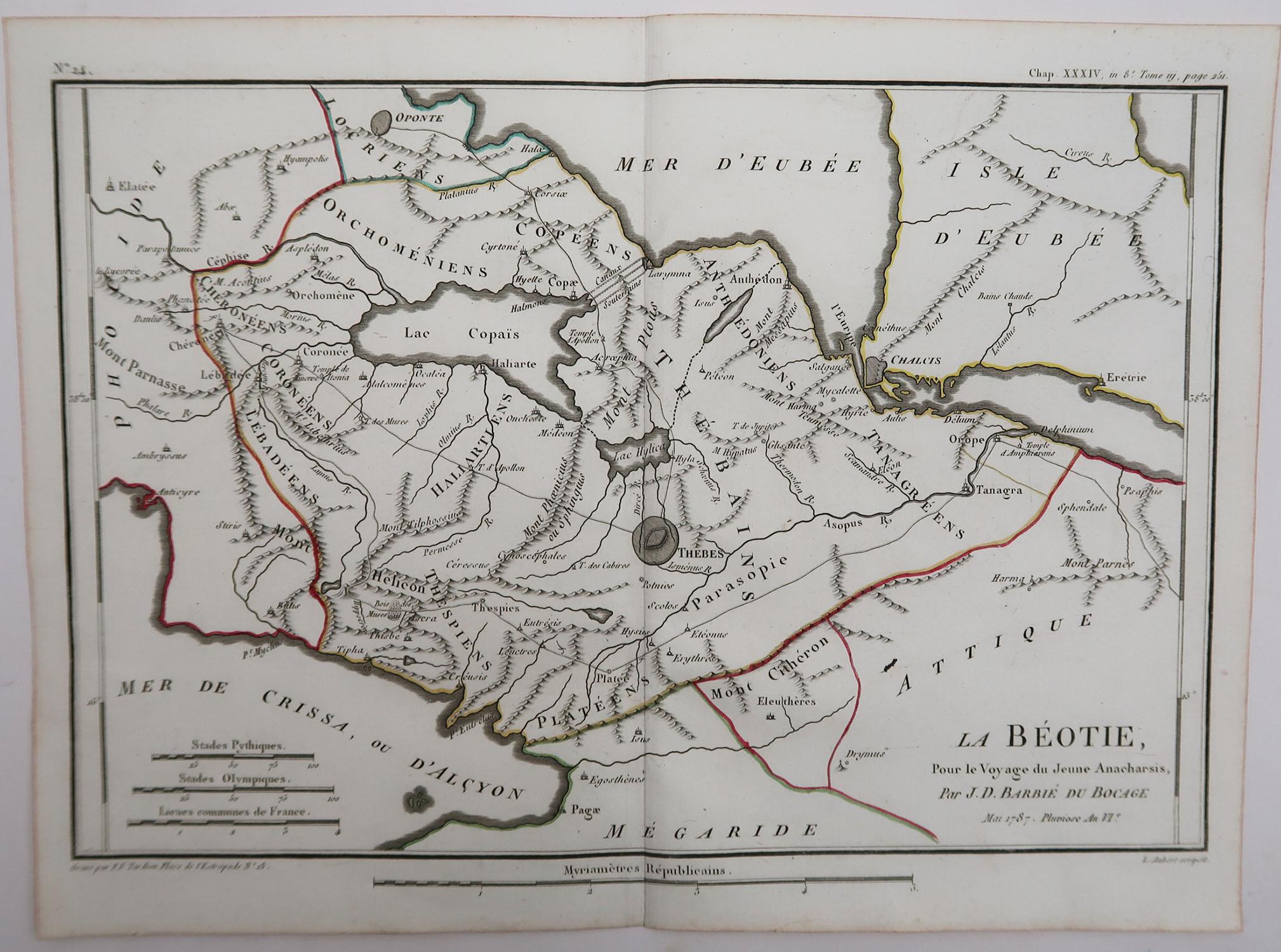 Antike antike Karte des antiken Griechenlands - Boeotia, Thebes, 1787 (Französisch) im Angebot