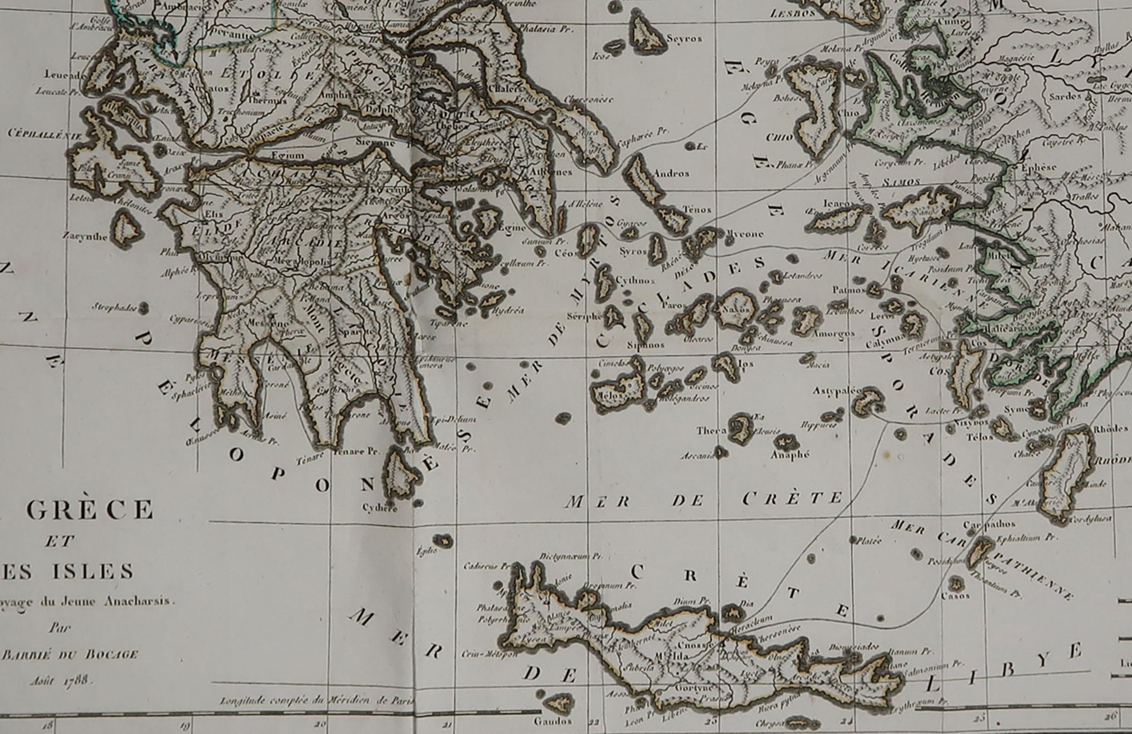 French Original Antique Map of Ancient Greece by Barbie Du Bocage, 1788