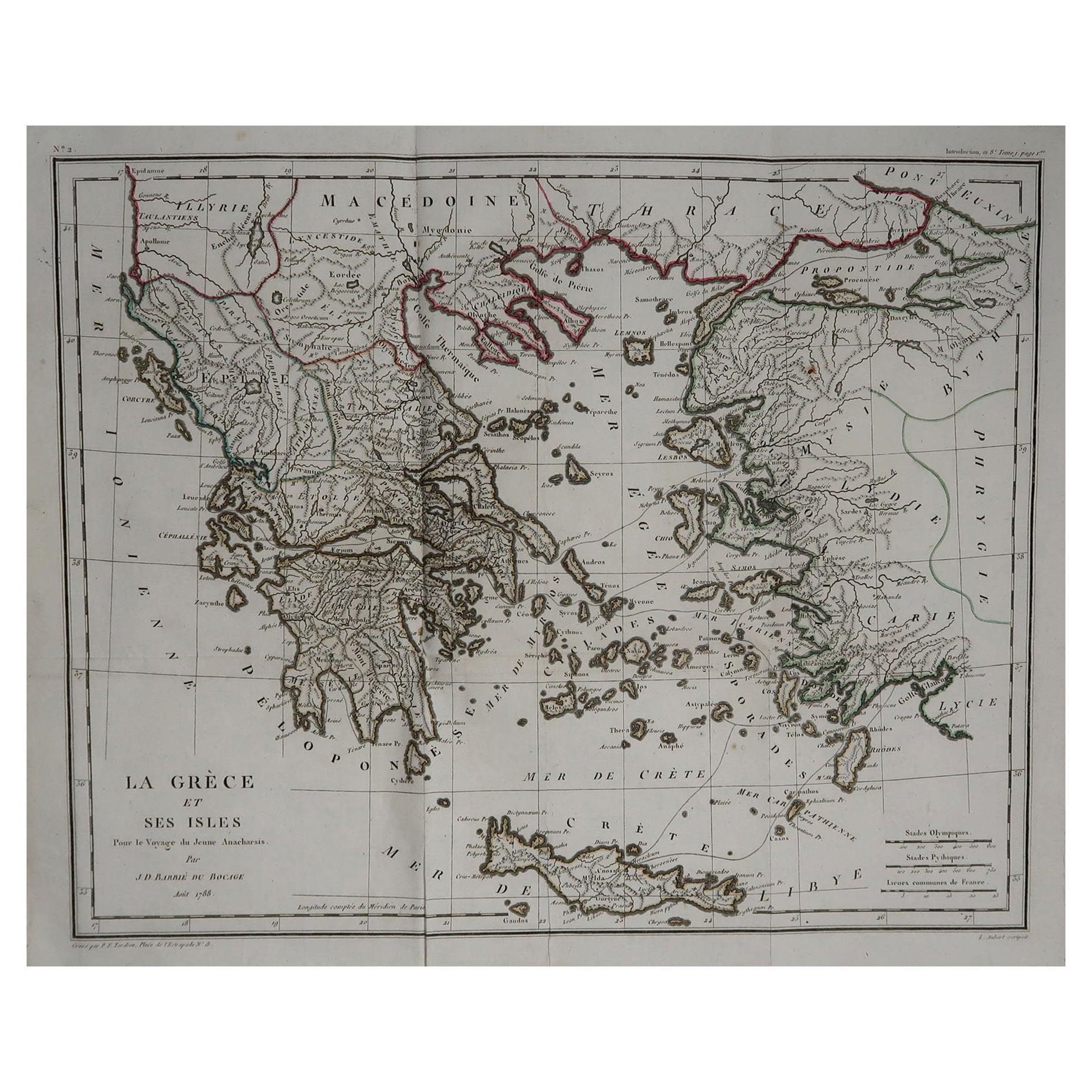 Original Antique Map of Ancient Greece by Barbie Du Bocage, 1788