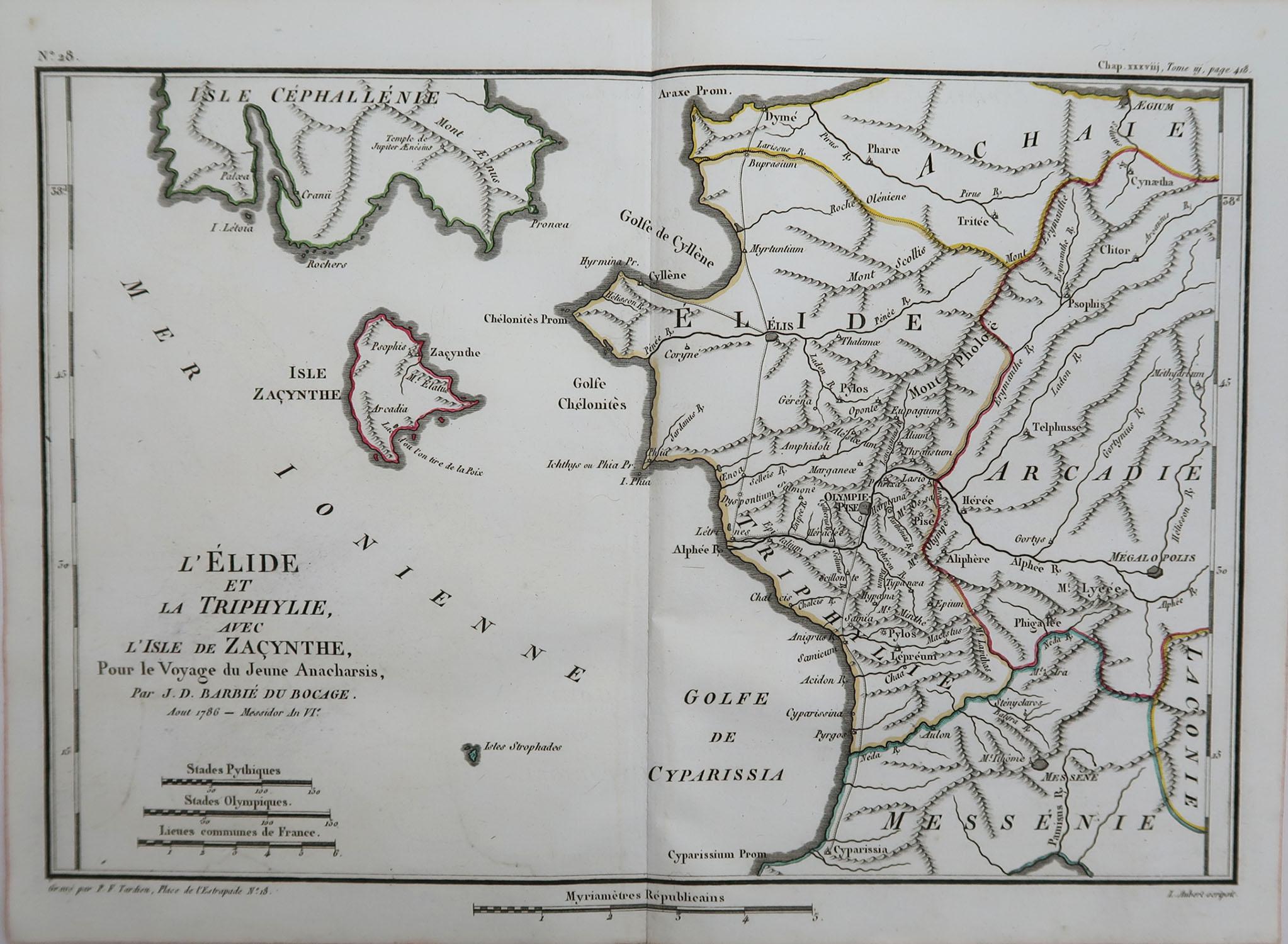 Great map of Ancient Greece. Showing the region of Elis, including the Island of Zakinthos

Drawn by J.D. Barbie Du Bocage

Copper plate engraving by P.F Tardieu

Original hand color outline.

Published 1786

Unframed.


 