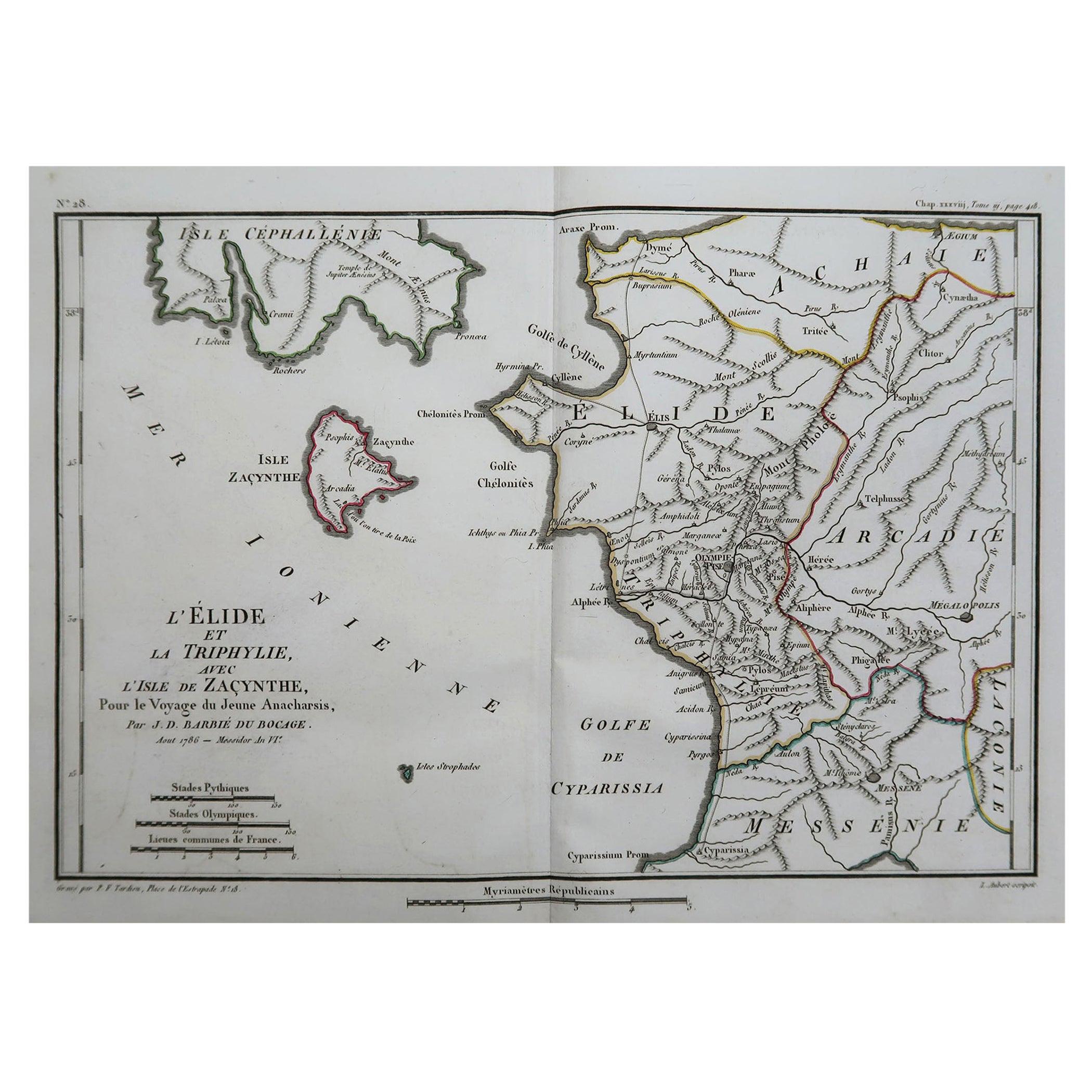 Original Antique Map of Ancient Greece, Elis, Island of Zakynthos, 1786