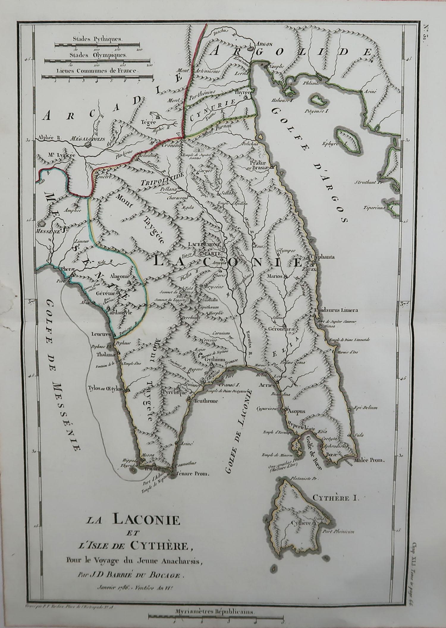 Great map of Ancient Greece. Showing the region of Laconia including the island of Cythera.

Drawn by J.D. Barbie Du Bocage

Copper plate engraving by P.F Tardieu

Original hand color outline.

Published 1786

Unframed.

Repair to a