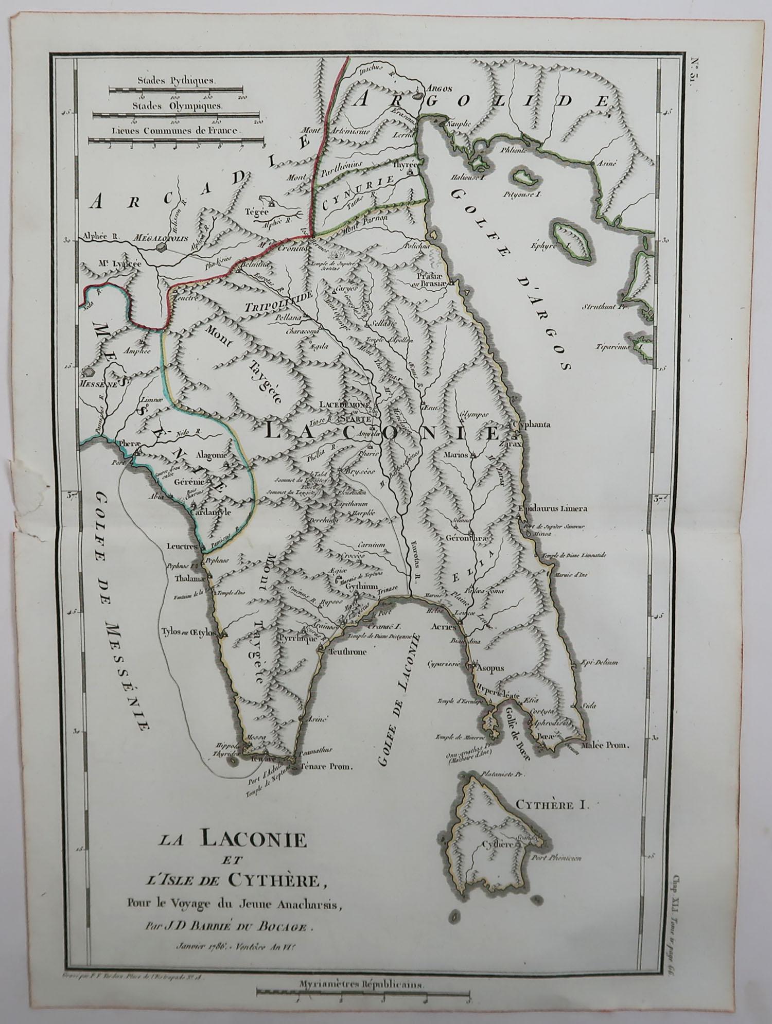 Other Original Antique Map of Ancient Greece, Laconia, Island of Cythera, 1786