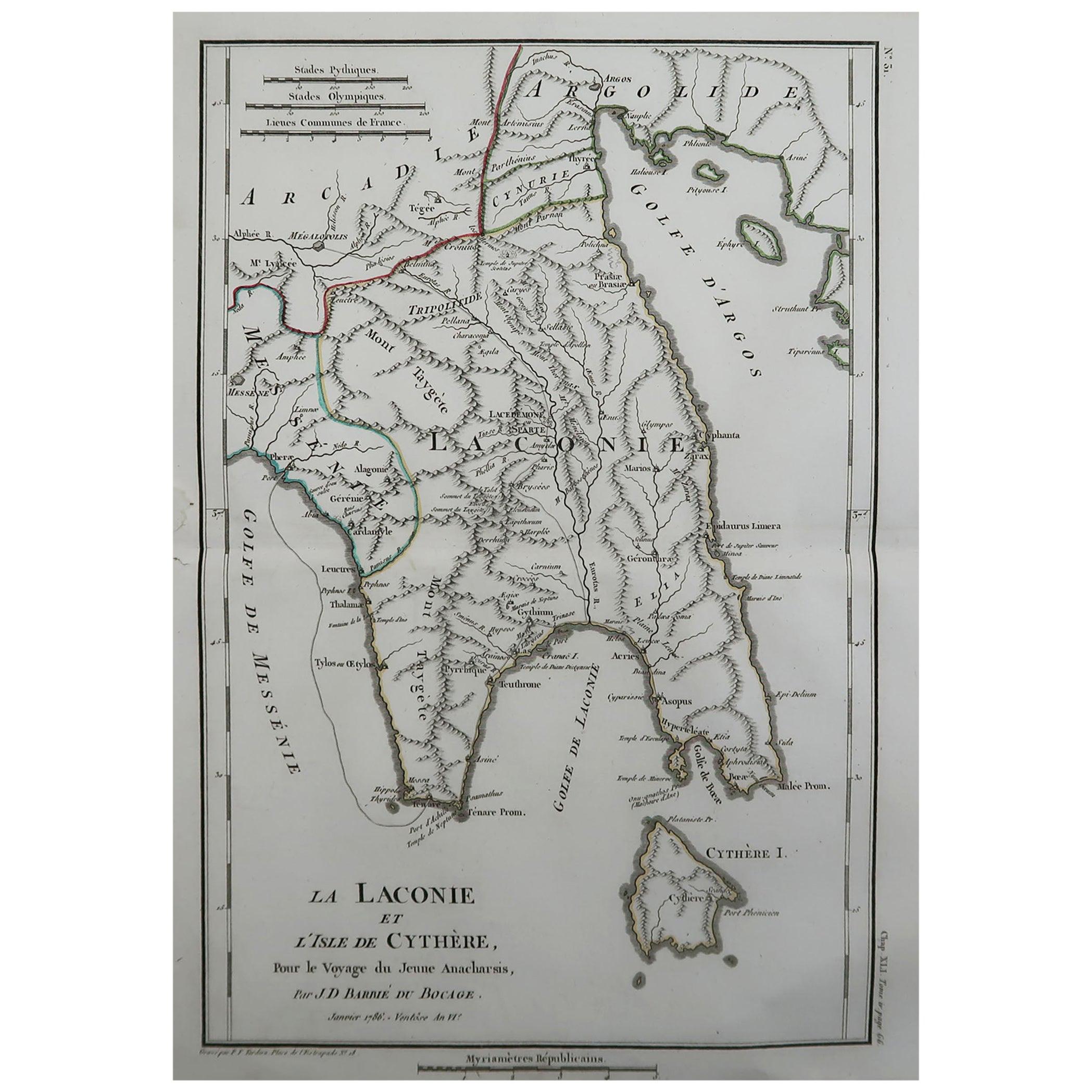Original Antique Map of Ancient Greece, Laconia, Island of Cythera, 1786