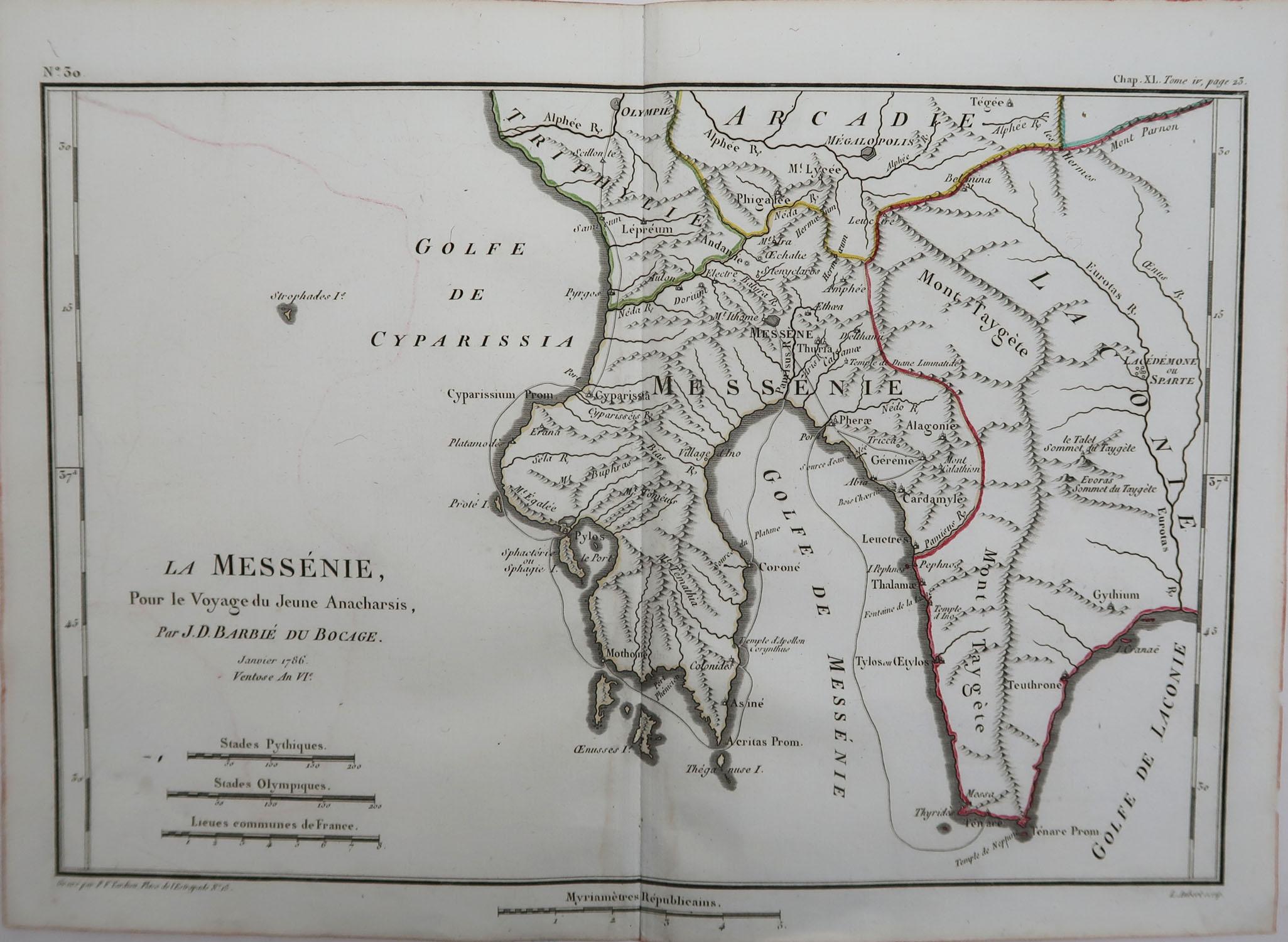 Great map of Ancient Greece. Showing the region of Messenia

Drawn by J.D. Barbie Du Bocage

Copper plate engraving by P.F Tardieu

Original hand color outline.

Published 1786

Unframed.


 
