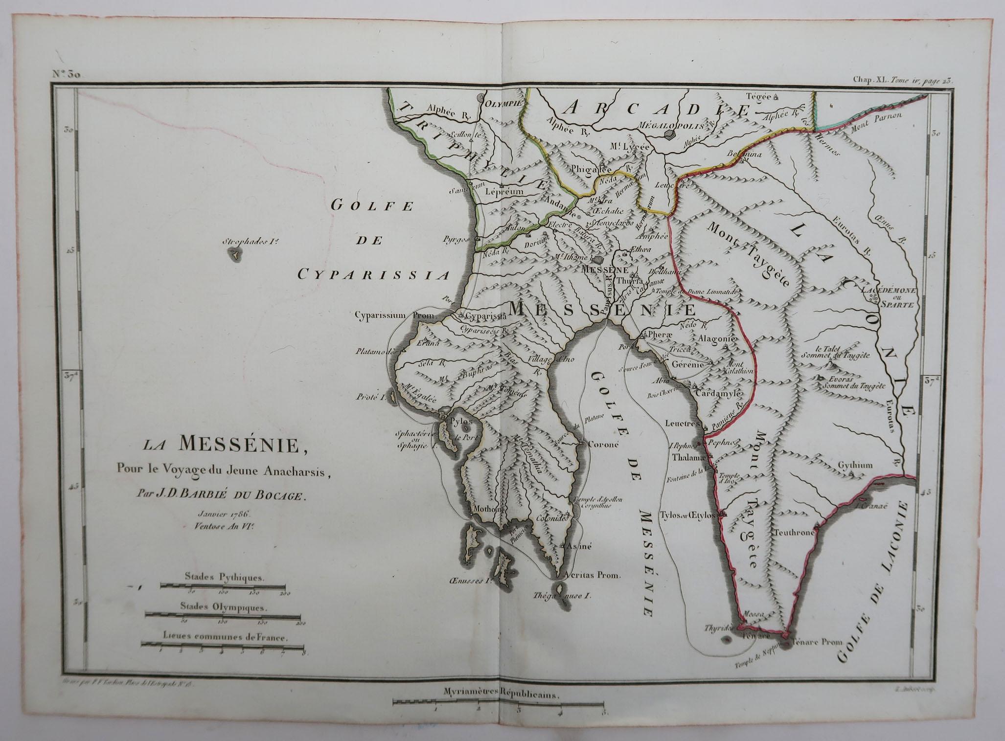French Original Antique Map of Ancient Greece, Messenia, 1786
