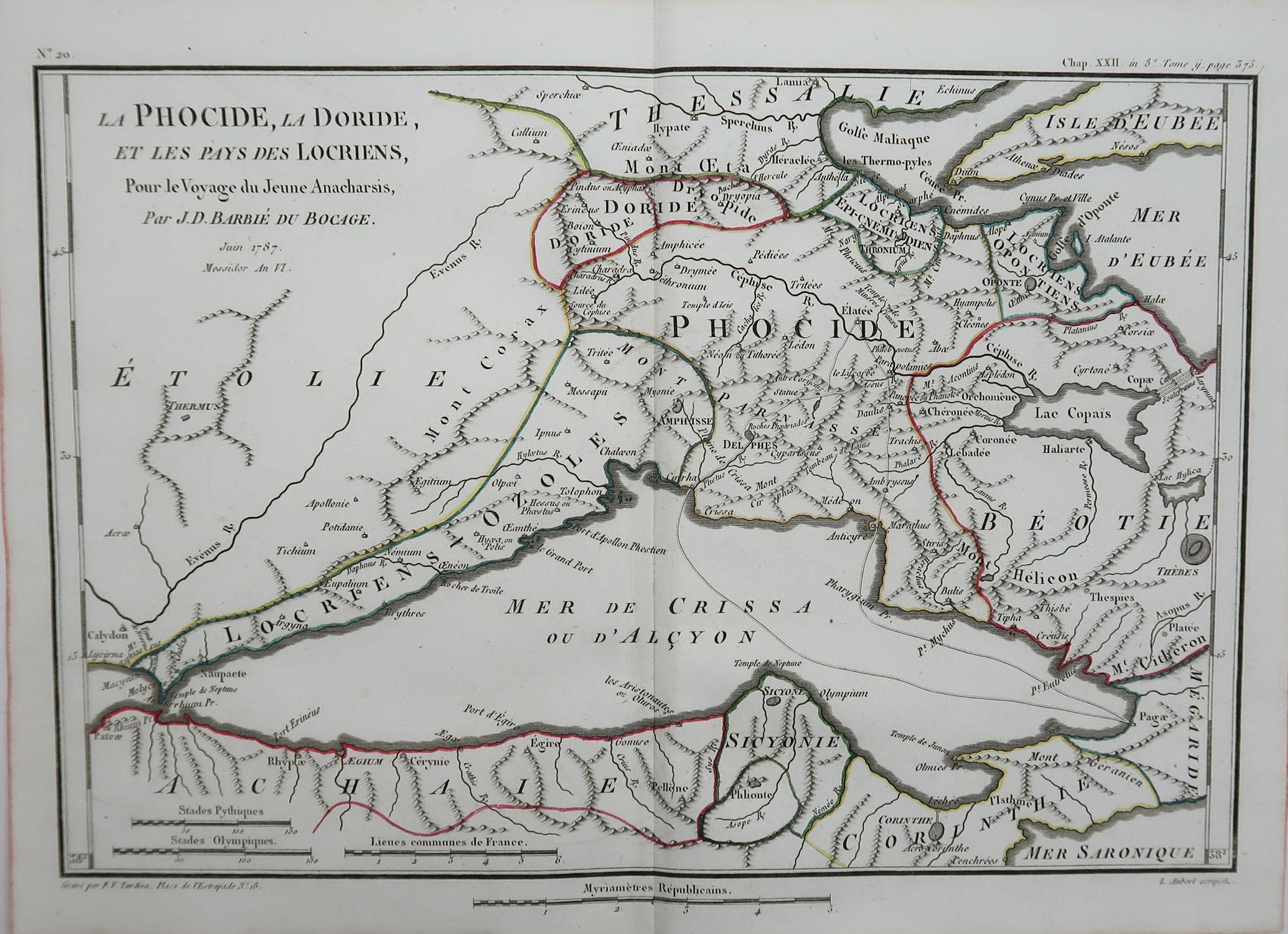 Great map of Ancient Greece. Showing the region of Phocis, including the Gulf of Corinth

Drawn by J.D. Barbie Du Bocage

Copper plate engraving by P.F Tardieu

Original hand color outline.

Published 1785

Unframed.


 