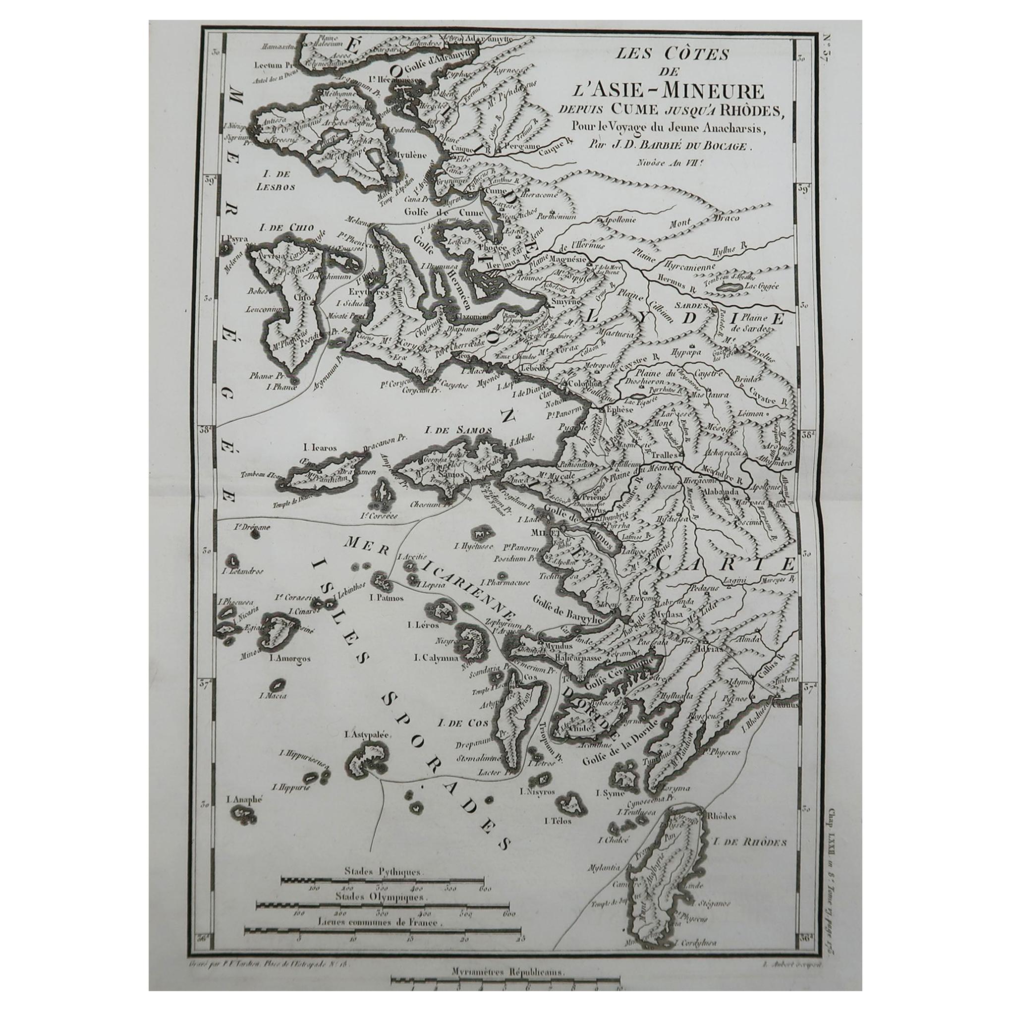 Original Antique Map of Ancient Greece, The Greek Islands, Rhodes, 1785
