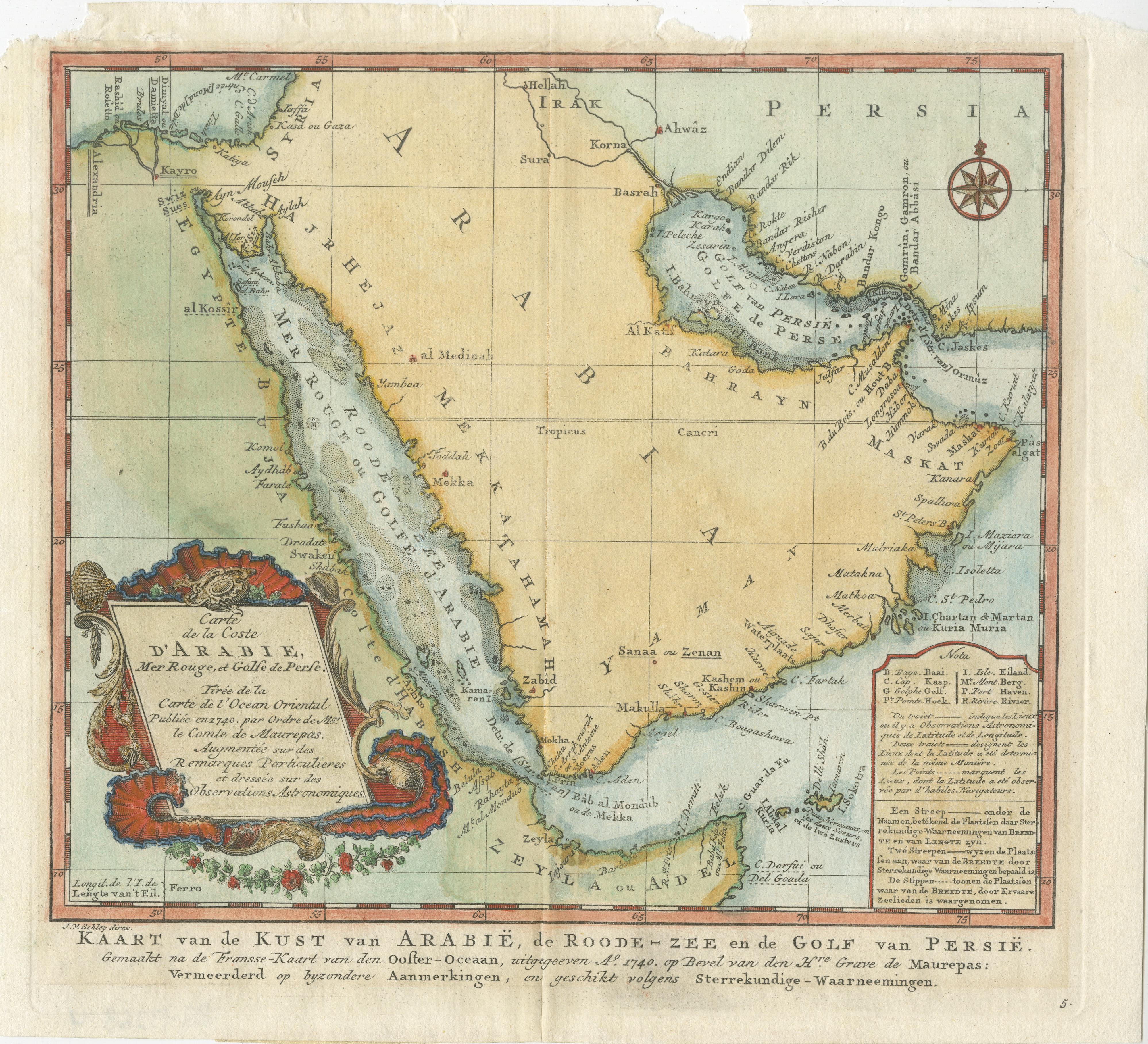 Antike Karte mit dem Titel 'Carte de la Coste d'Arabie (..) - Kaart van de Kust van Arabië (..)'. Dies ist eine holländische Version, gestochen von J. van Schley, von Bellins Karte von Arabien und dem Roten Meer. Der Schwerpunkt liegt auf den