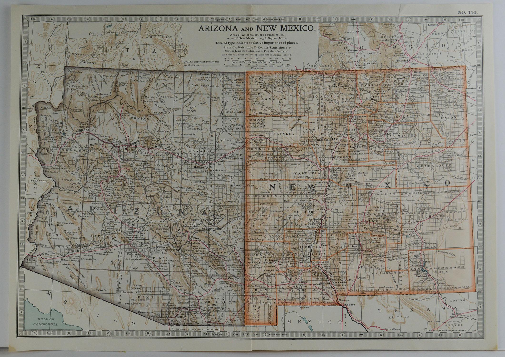Great map of Arizona & New Mexico

Original color.

Published, circa 1890

Unframed.

One minor edge tear
  