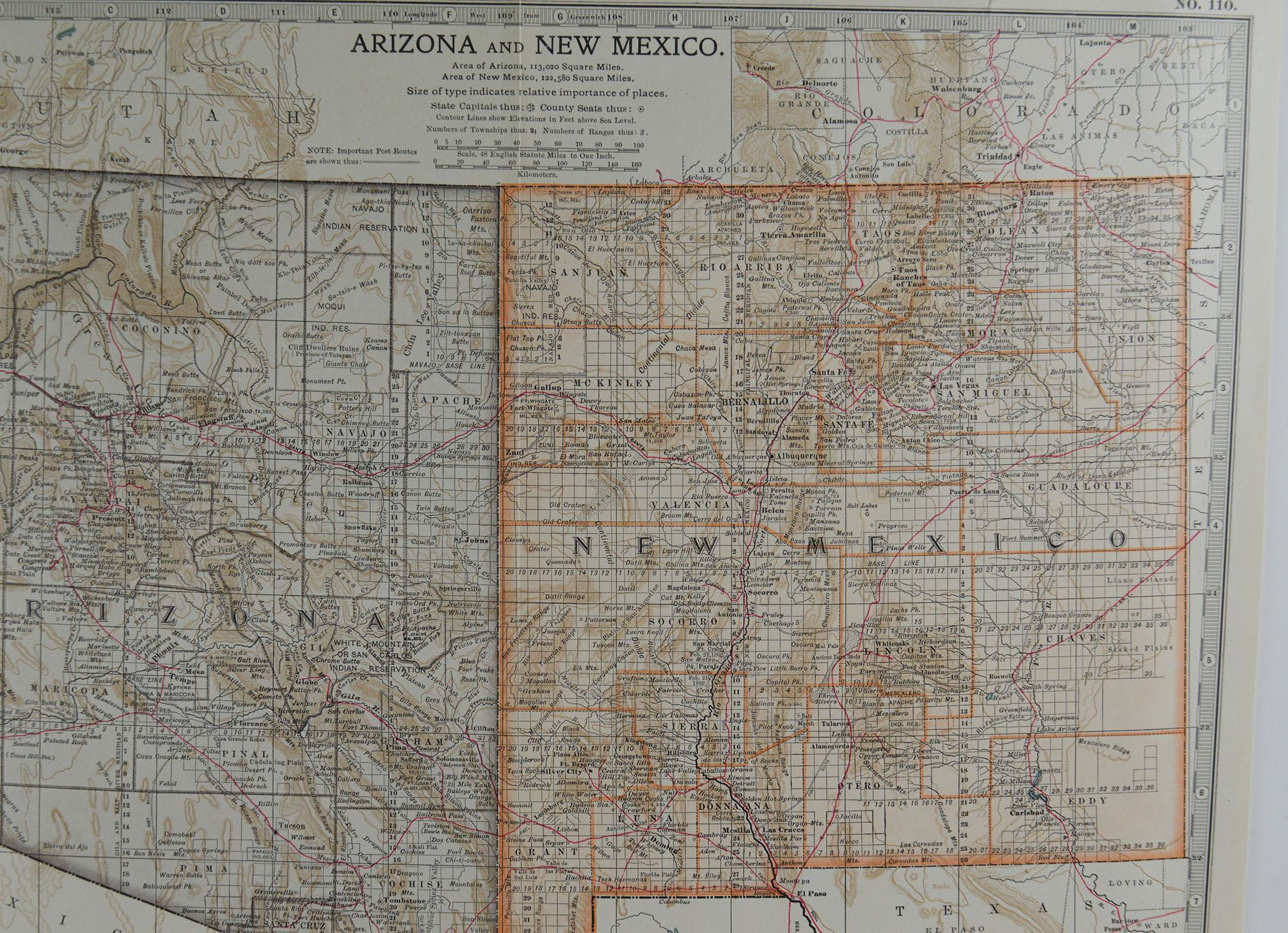 English Original Antique Map of Arizona & New Mexico, circa 1890