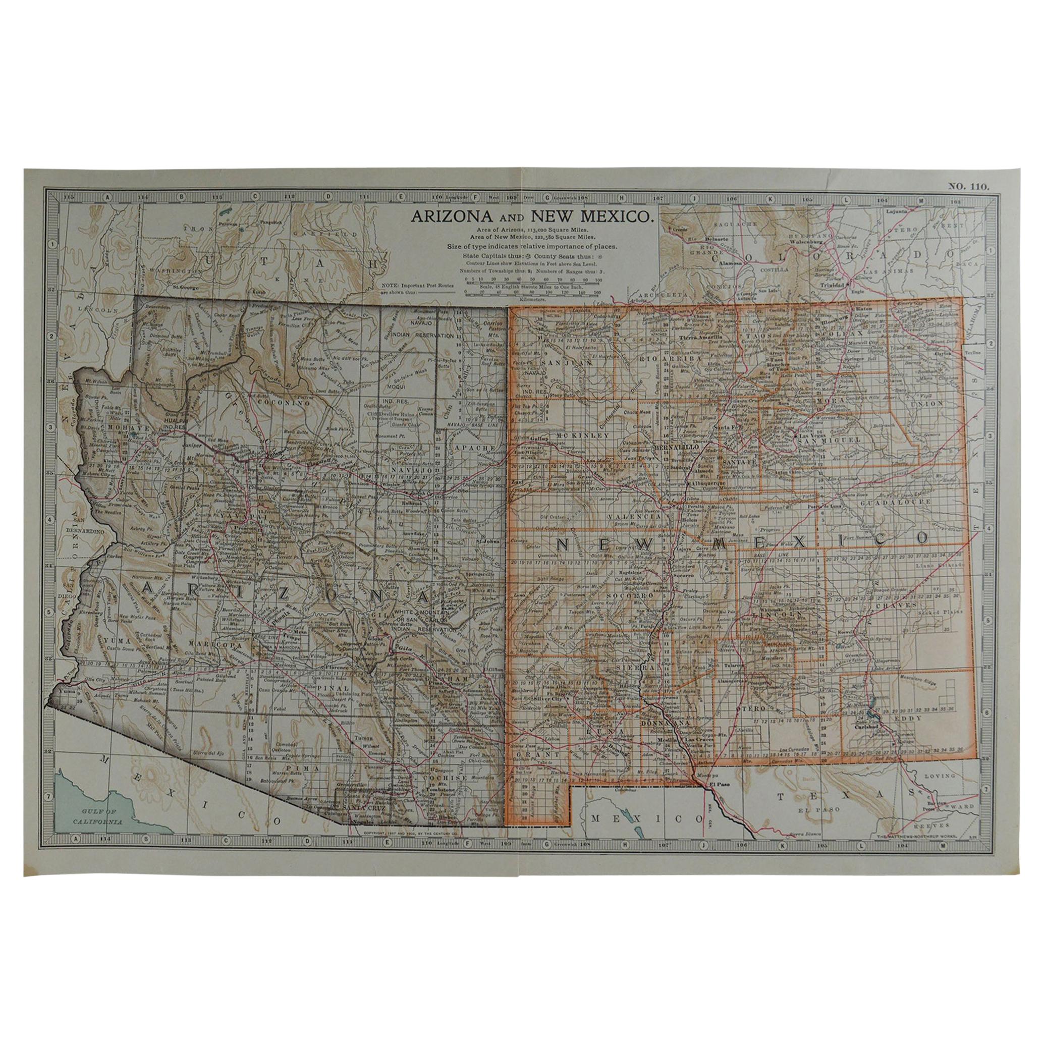 Original Antique Map of Arizona & New Mexico, circa 1890