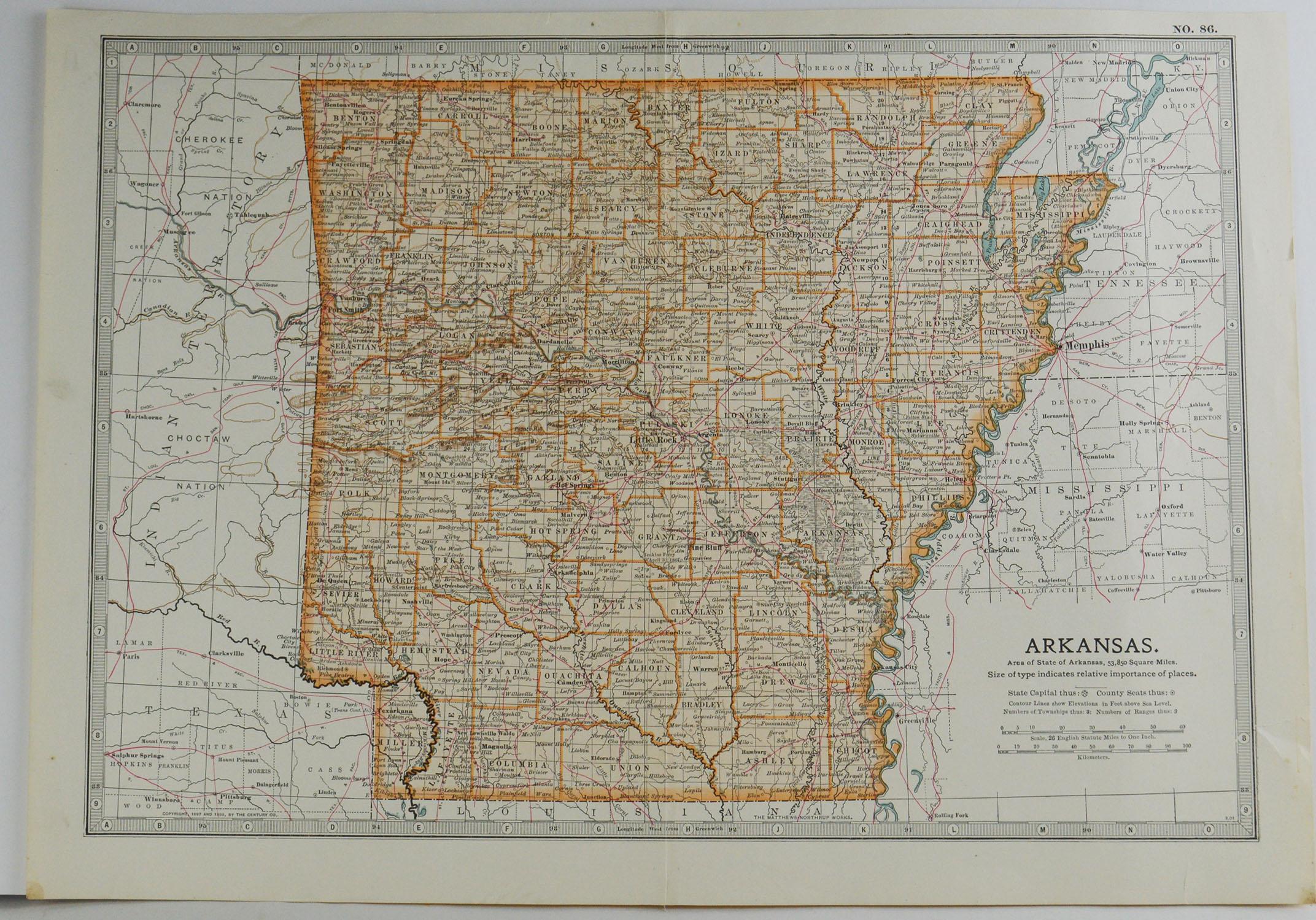 Great map of Arkansas

Original color.

Published, circa 1890

Repairs to minor edge tears

Unframed.
      
