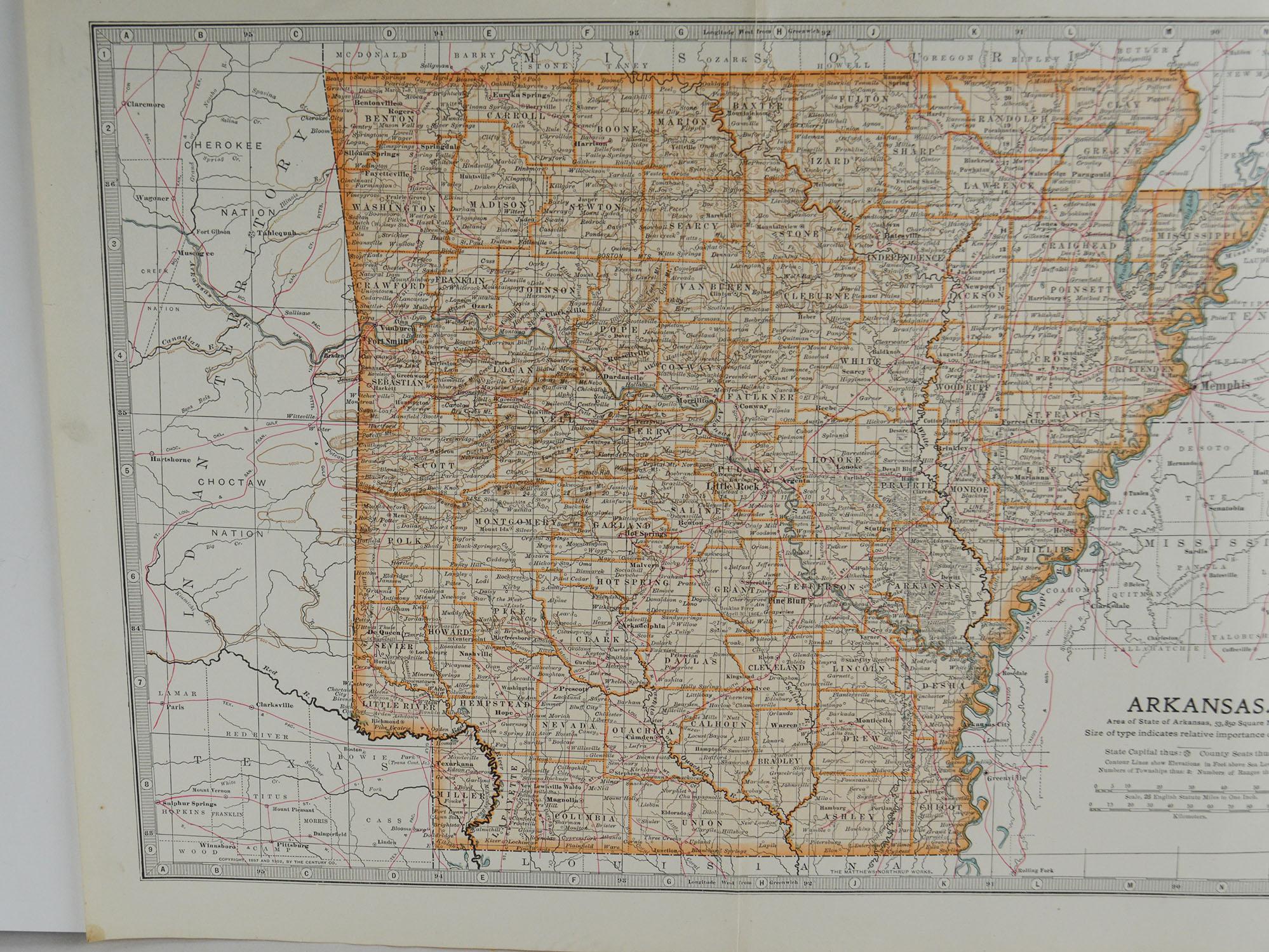 English Original Antique Map of Arkansas, circa 1890