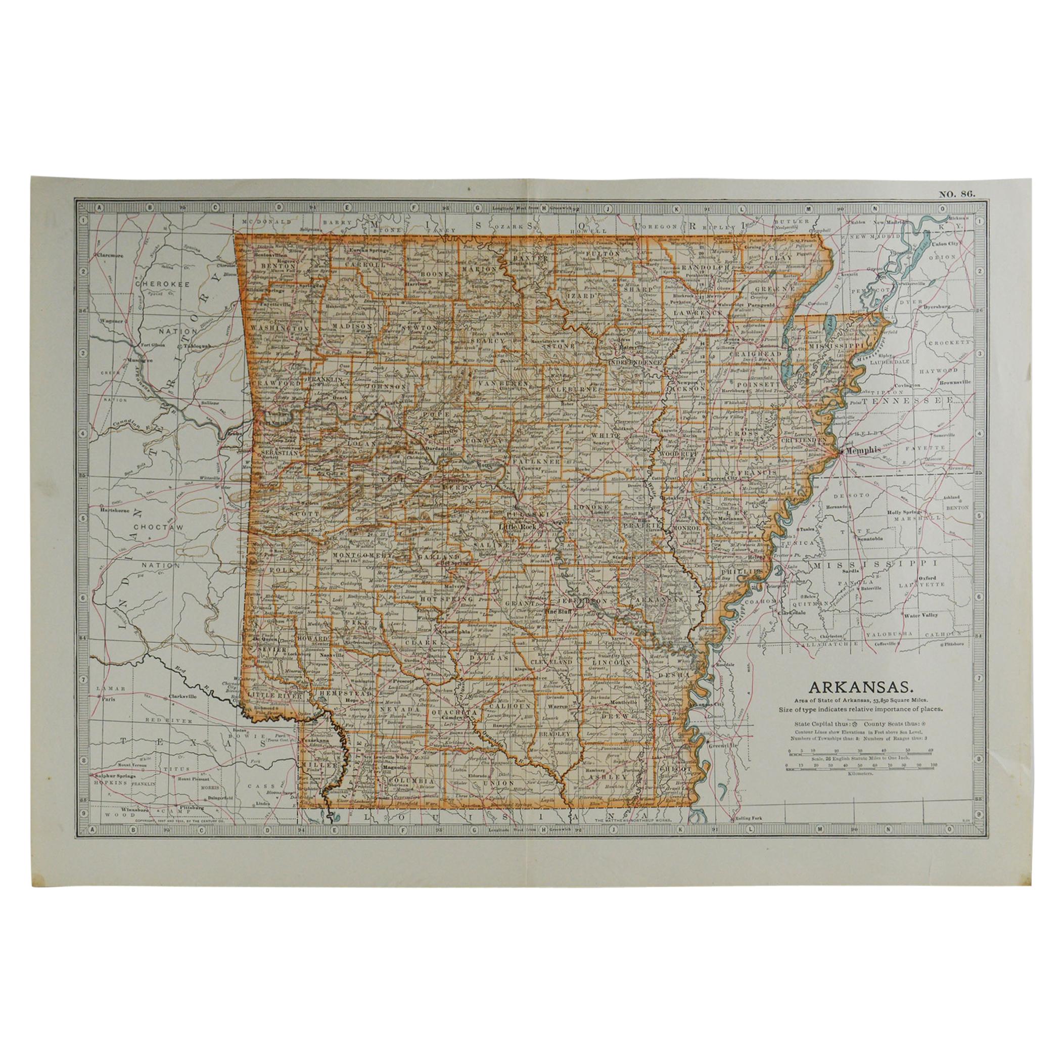 Original Antique Map of Arkansas, circa 1890