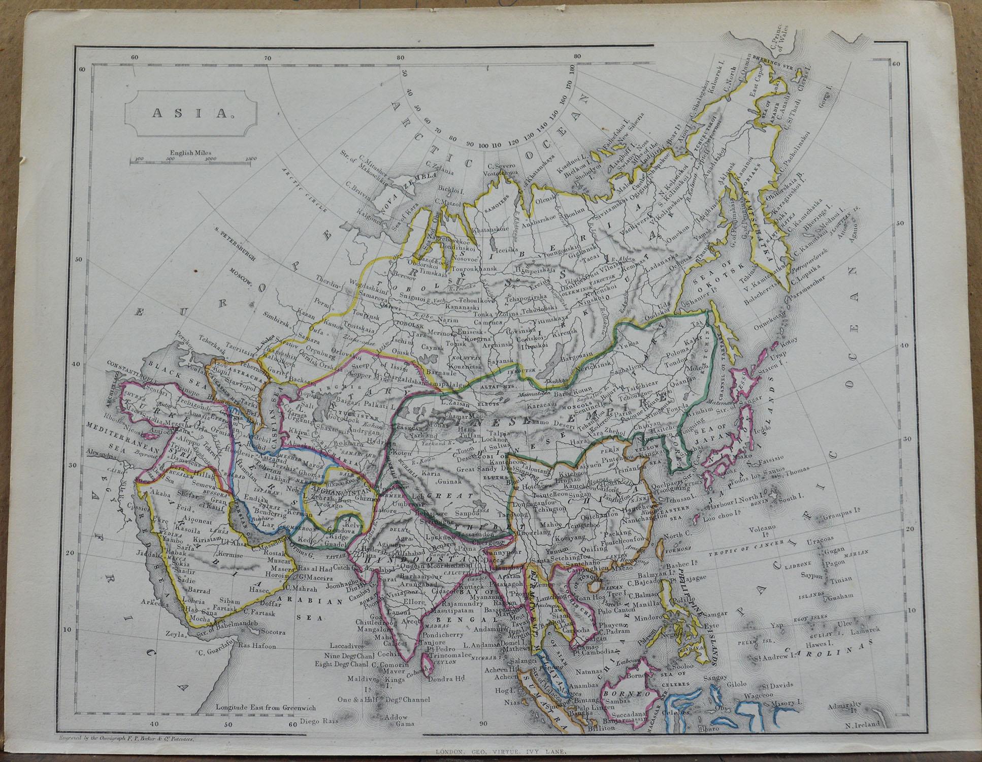 Great map of Asia

Steel engraving with original color outline

Engraved by Becker

Published by Virtue, circa 1840.

Unframed.

 
  