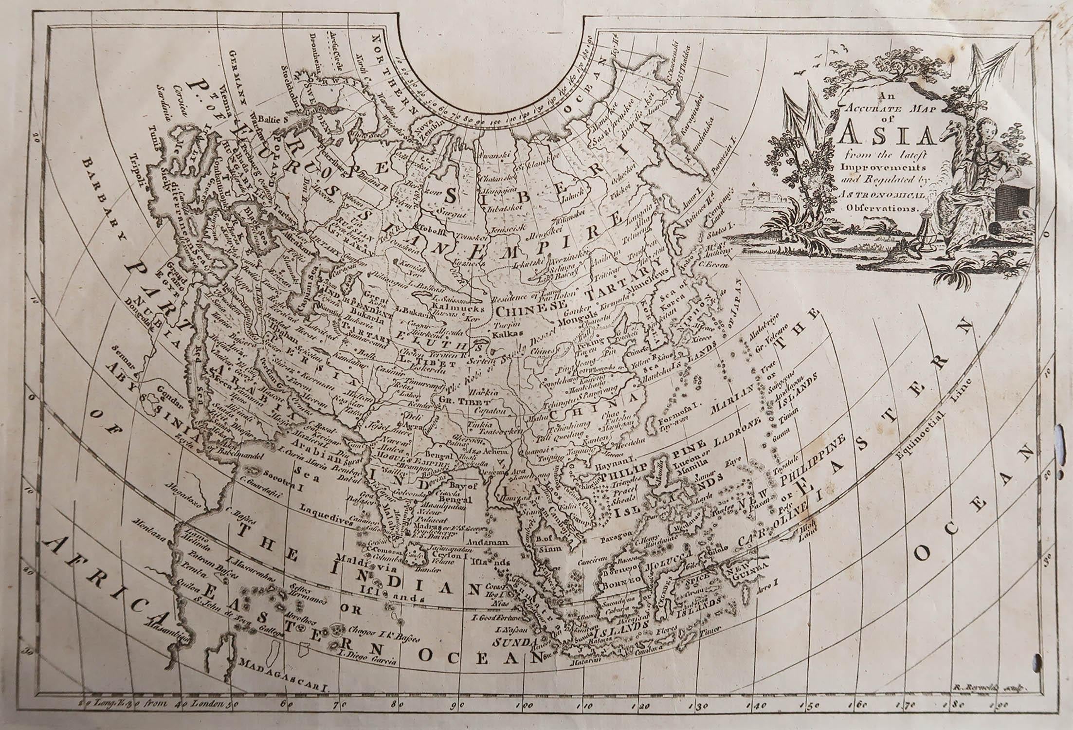 Großartige Karte von Asien

Kupferstich 

Veröffentlicht C.1780

Zwei kleine Wurmlöcher auf der rechten Seite der Karte 

Ungerahmt.