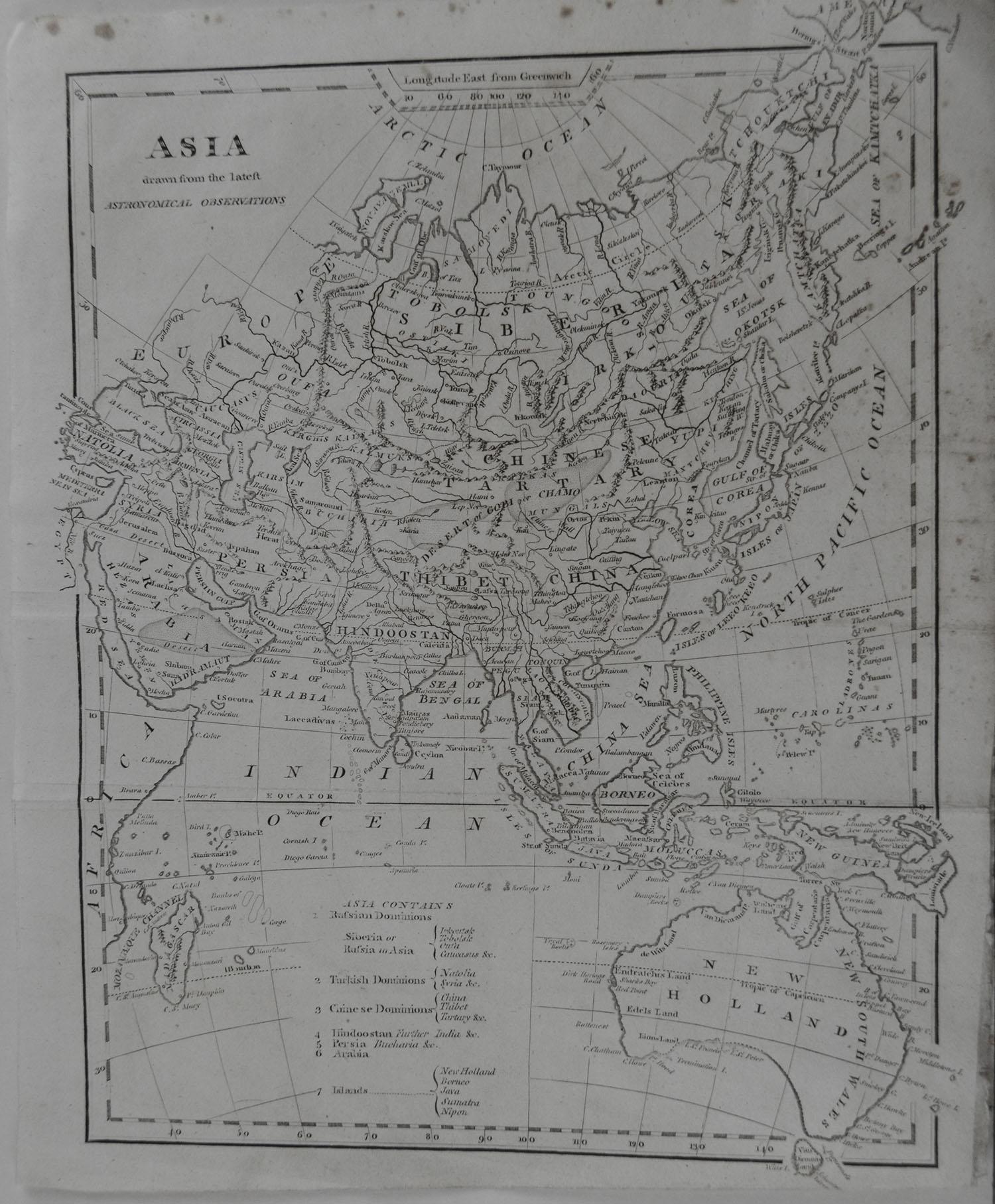 Rare map of Asia

Copper plate engraving

Published circa 1800.

Originally from Barclay's Dictionary

Unframed.

 