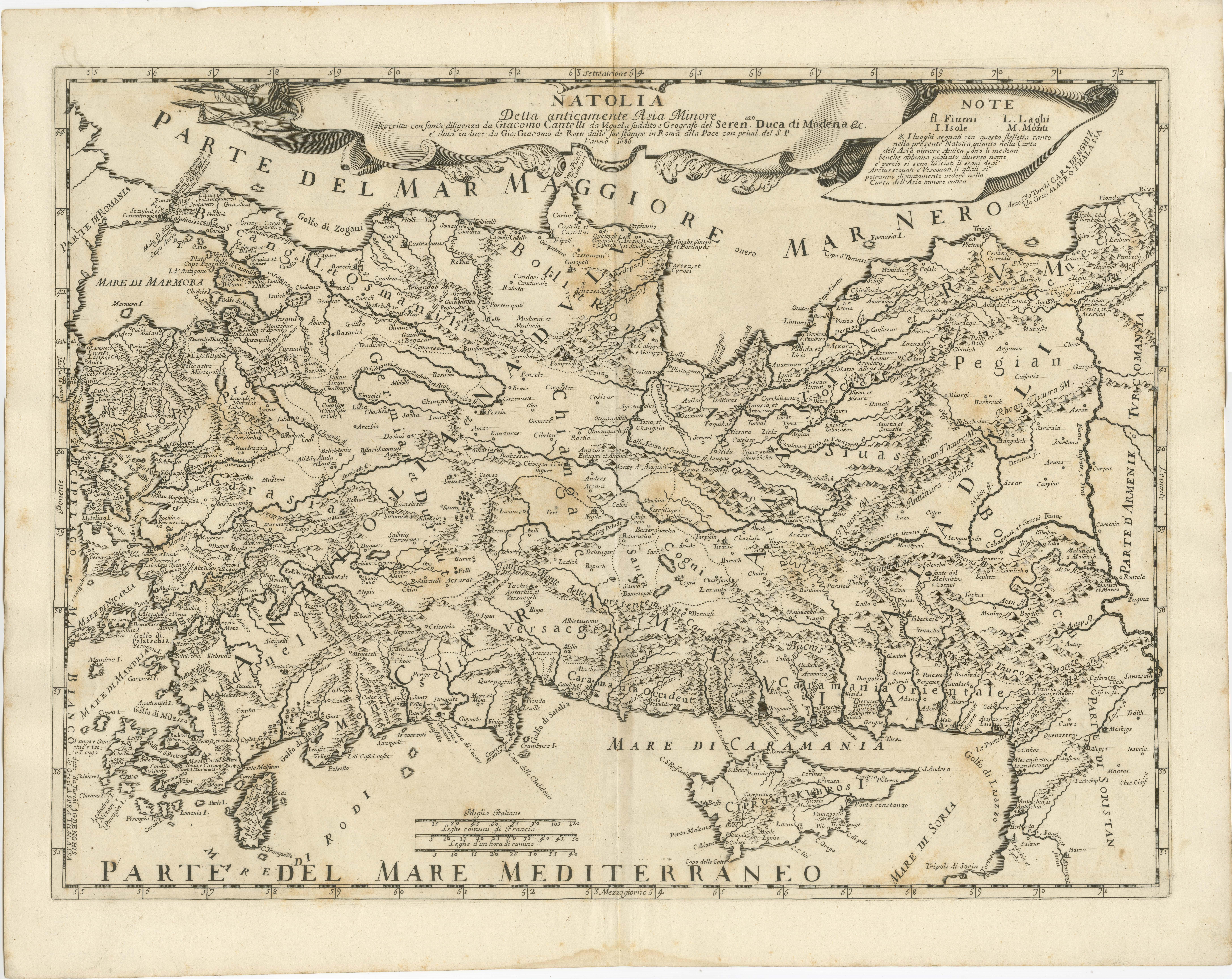Antique map titled 'Natolia detta anticamente Asia Minor (..)'. Rare map of Asia Minor (Turkey) and Cyprus and neighboring regions. The map provides one of the most detailed and up to date treatments of the region. Includes several ornate cartouches
