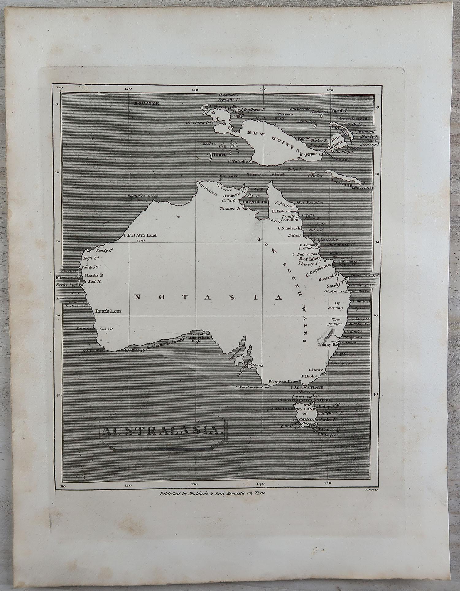 Great map of Australia

Copper-plate engraving

Drawn and engraved by Thomas Clerk, Edinburgh.

Published by Mackenzie And Dent, 1817

Unframed.
