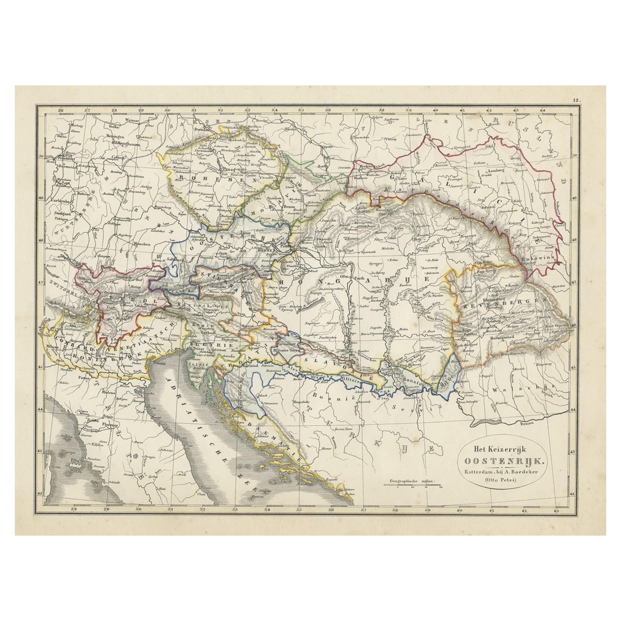 Mapa original antiguo de Austria de un antiguo atlas escolar holandés, 1852
