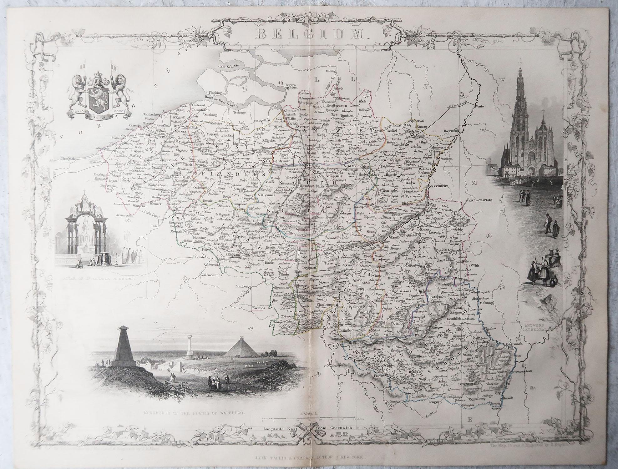 English Original Antique Map of Belgium by Tallis, Circa 1850 For Sale