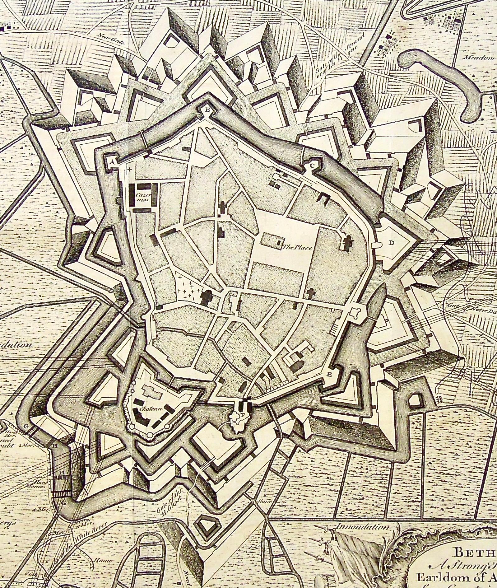 Bethune. A Strong Town in the Earldom of Artois in the Low Countries, Subject to the French. J. Basire Sculp.
Lower Center: Plan of Bethune. For Mr. Tindal's Continuation of Mr. Rapin's History of England. Lower Right: J. Basire Sculp.
Author: Paul