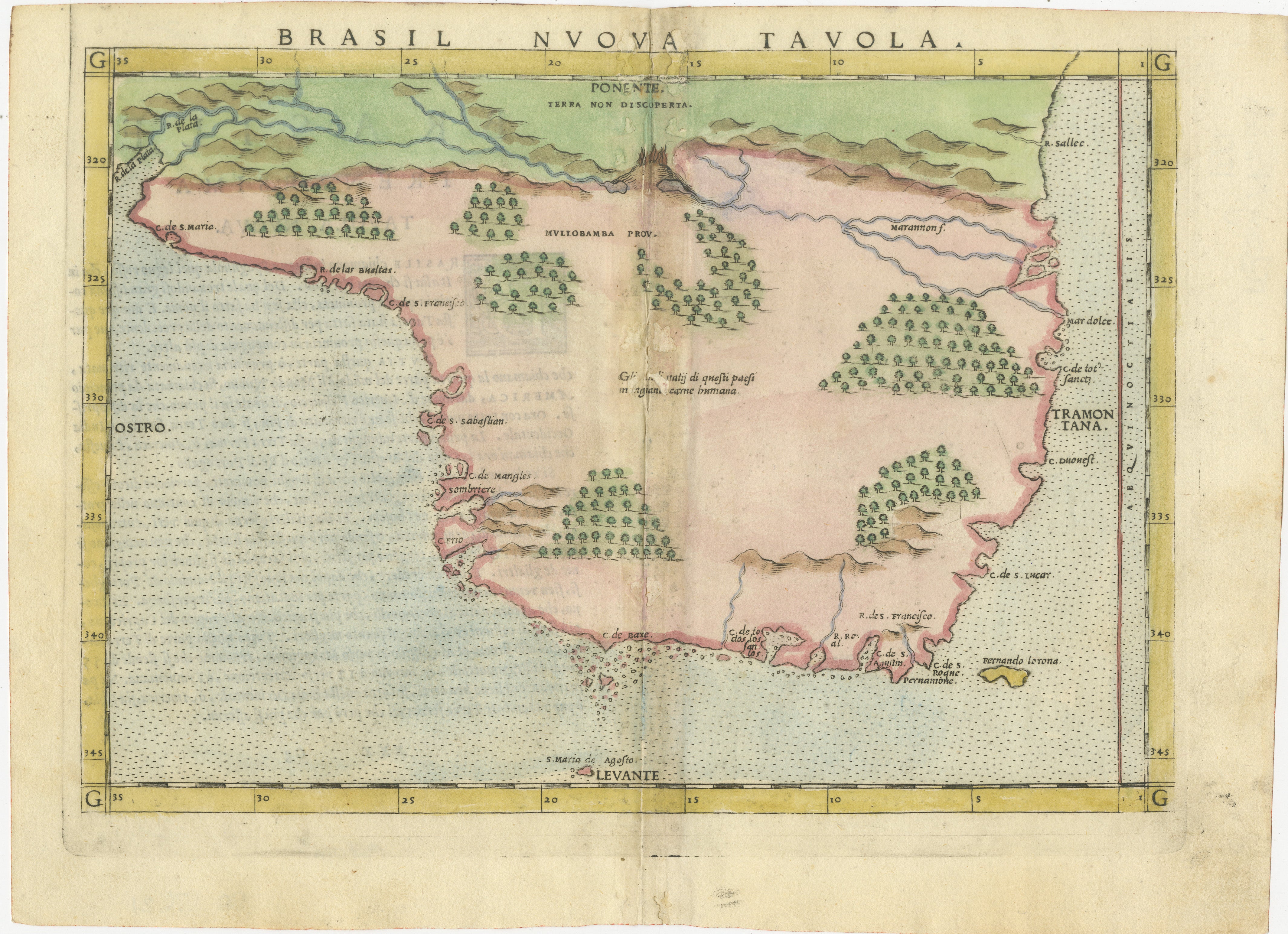 This important Ruscelli map of Brazil, from his work La Geografia di Claudio Tolomeo Alessandrino, is one of the earliest obtainable modern maps of the region. Despite the paucity of detail, this is a fascinating map.

Oriented west, the map reveals