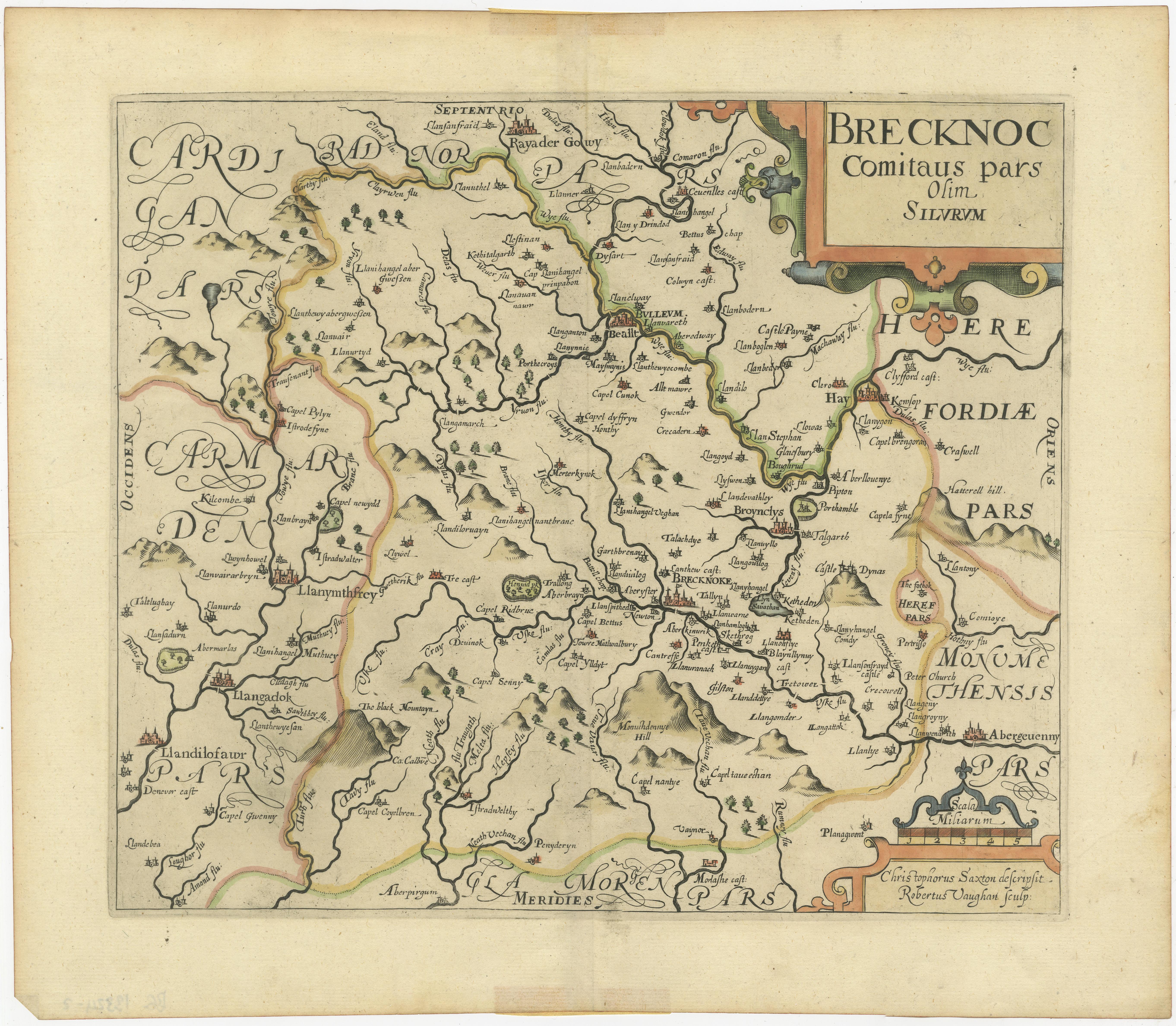 Antique map titled 'Brecknoc comitaus pars olim silurum'. Original old map of Brecknockshire, Wales. Engraved by R. Vaughan after Christopher Saxton. Published circa 1640.