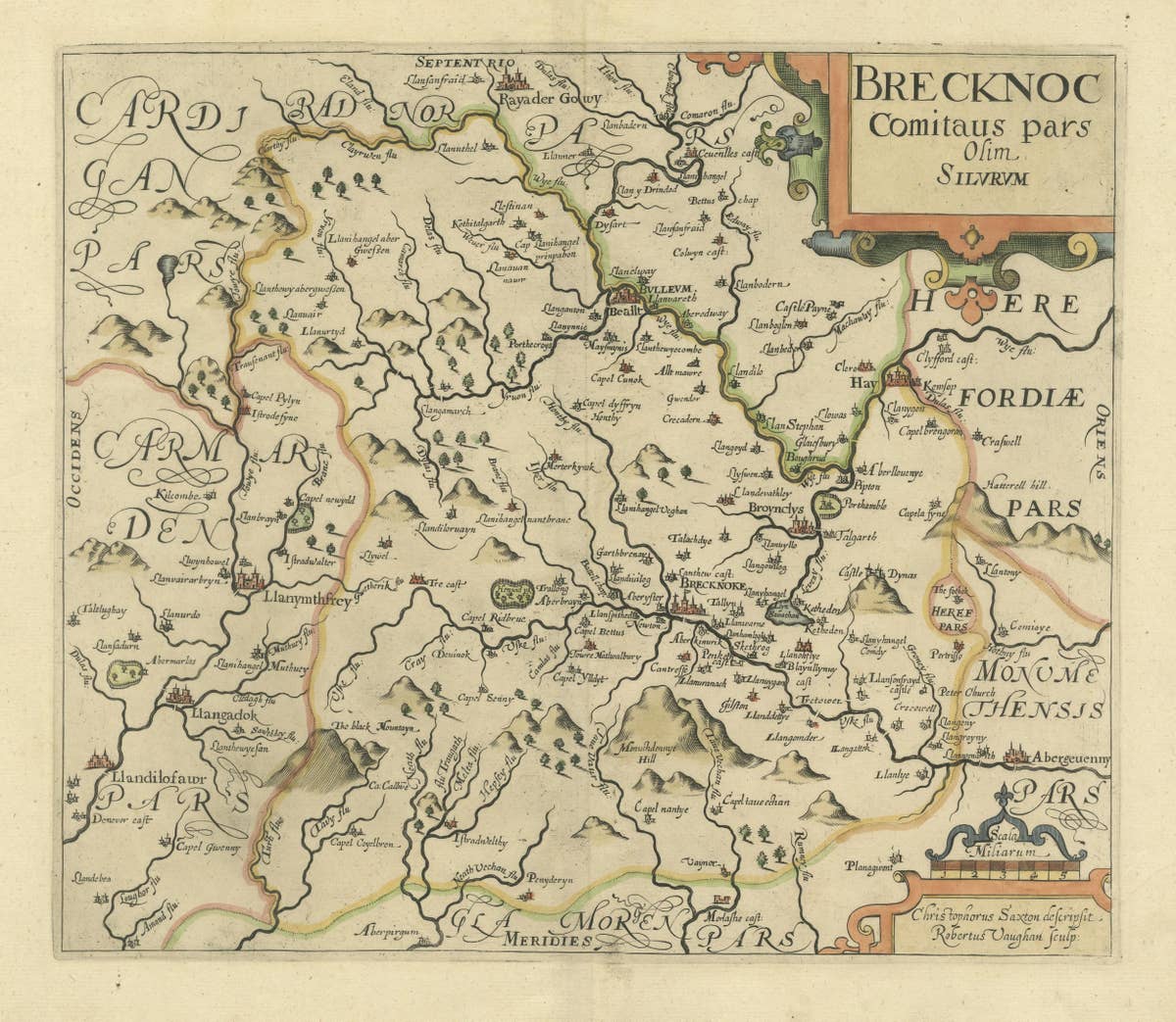 Original Antique Map of Brecknockshire, Wales, circa 1640