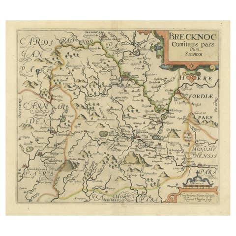 Original Antique Map of Brecknockshire, Wales, circa 1640