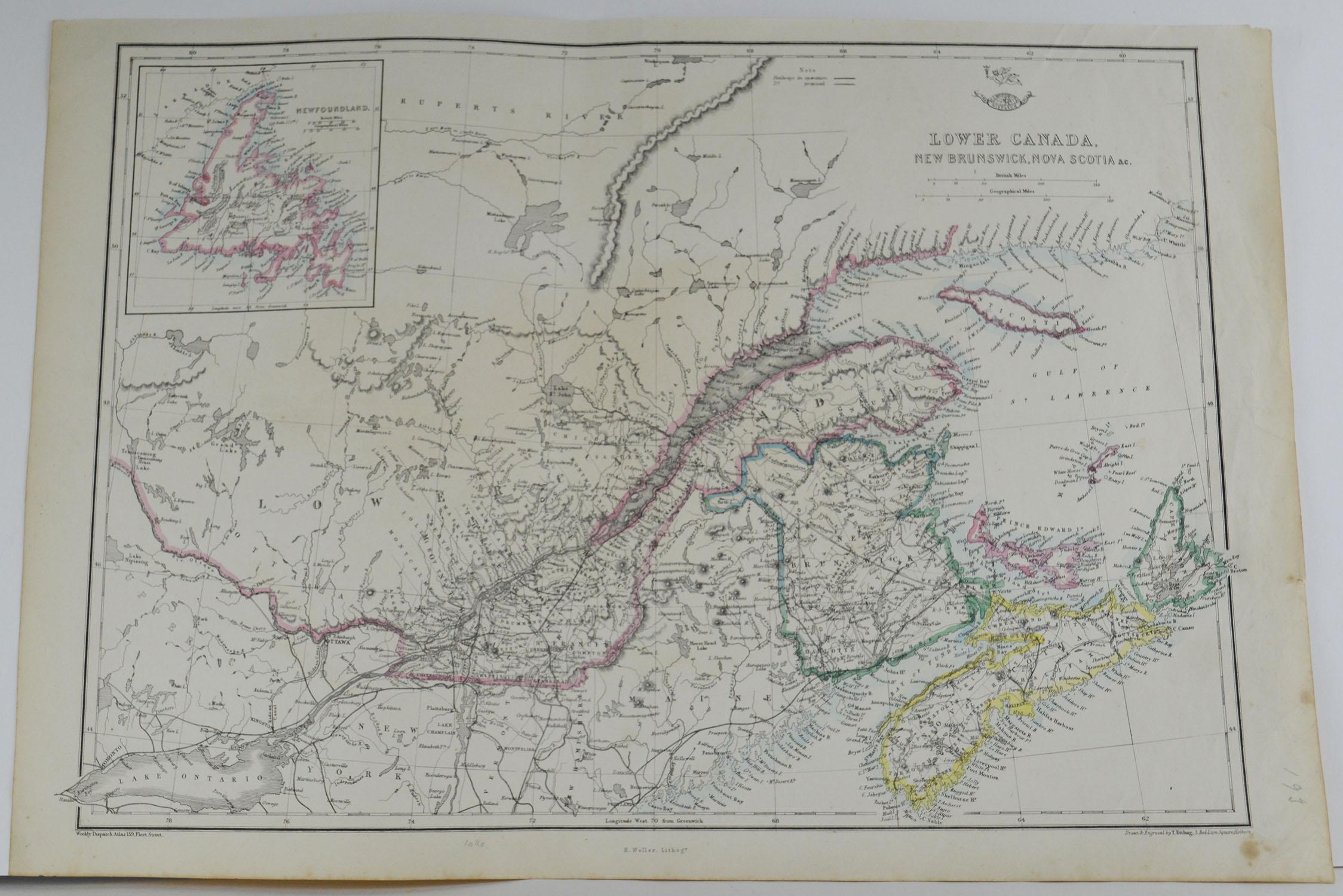 Great map of Canada

Steel engraving with original color outline

Drawn and engraved by T. Ettling

Published in the weekly Dispatch Atlas, 1861

Unframed.
  