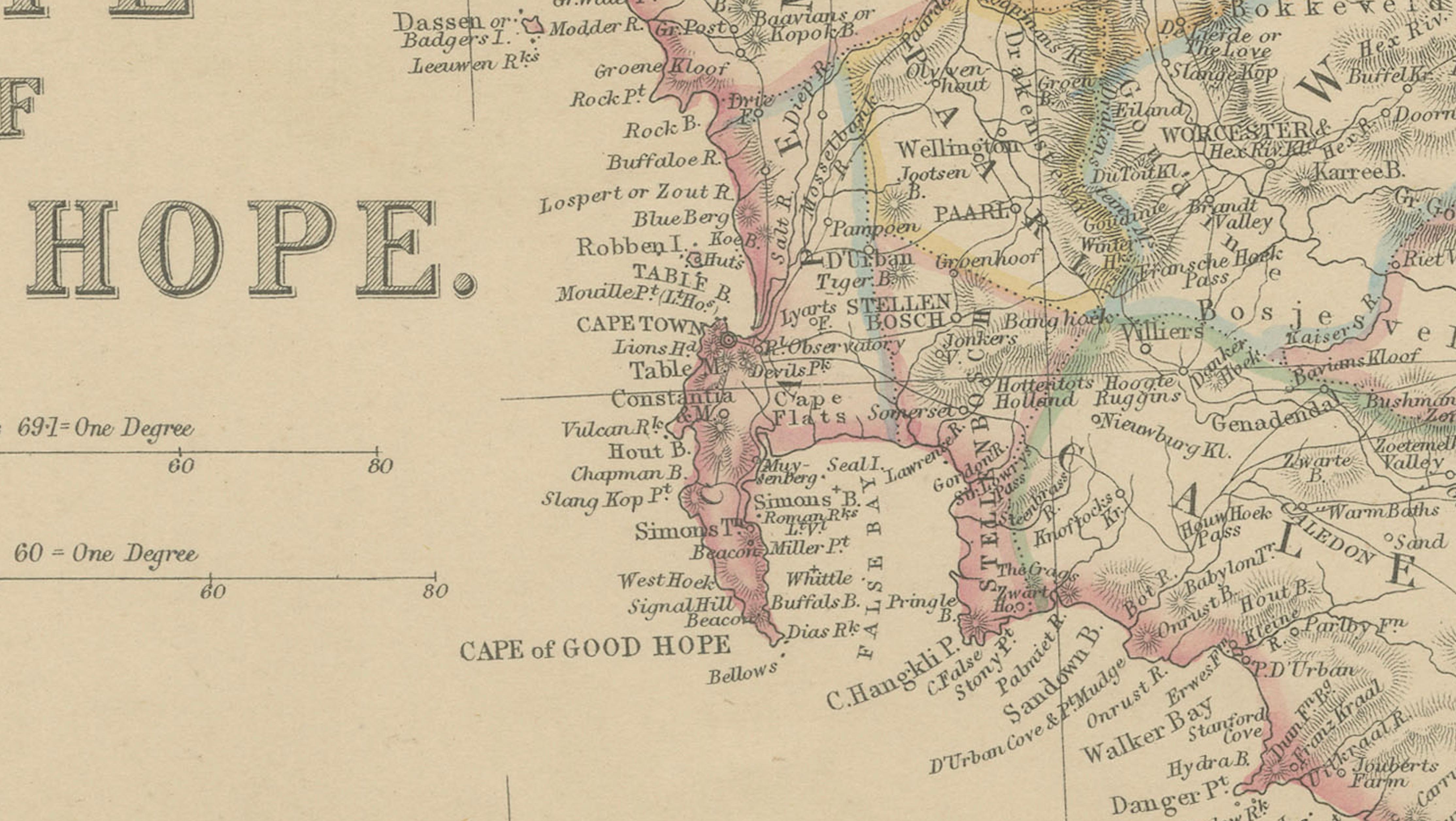 Original Antique Map of Cape of Good Hope, South Africa c.1860