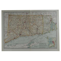 Original Antique Map of Connecticut and Rhode Island, circa 1890