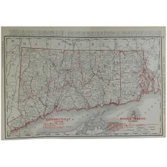 Original Antique Map of Connecticut & Rhode Island by Rand McNally, circa 1900