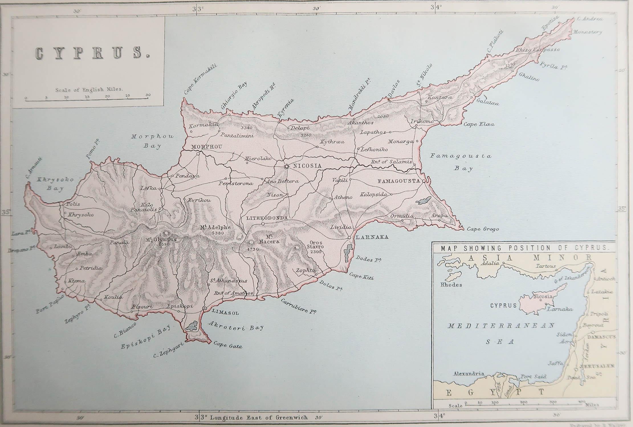 Great map of Cyprus

Drawn and Engraved by R.Walker

Published W.Mackenzie, London

Original colour

Unframed.








