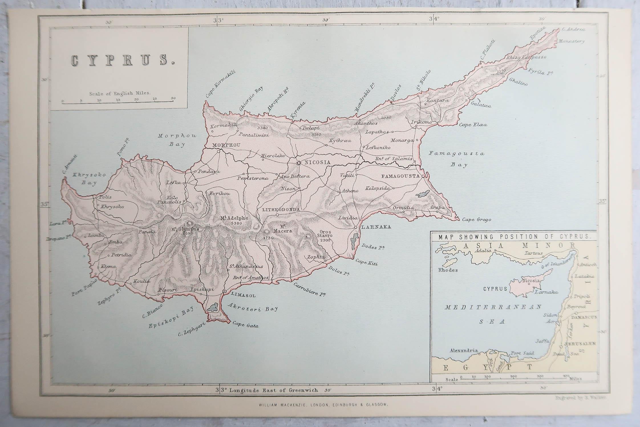 Original Antike Karte von Zypern. CIRCA 1880 (Englisch) im Angebot