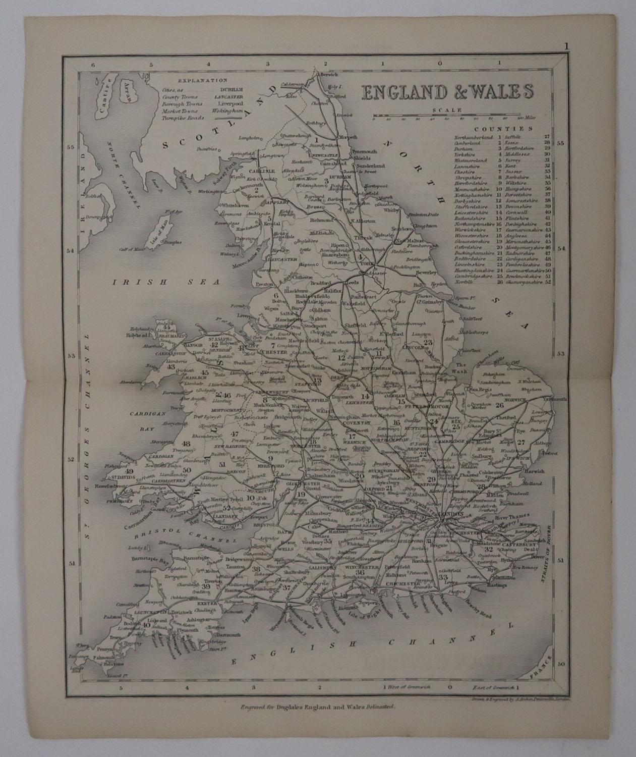 English Original Antique Map of England and Wales by J.Archer, circa 1840