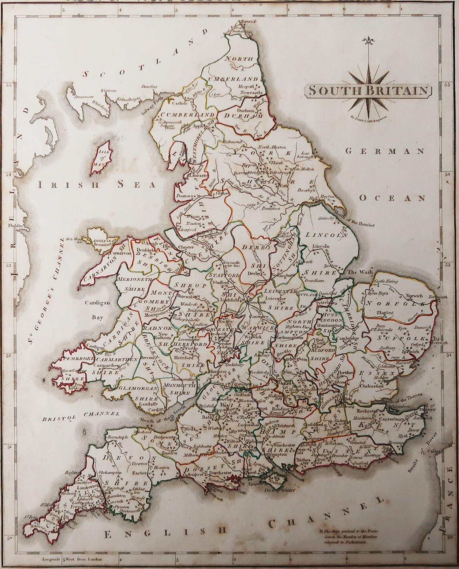 Great map of England and Wales

Published by J.Cary, 1787

Original colour 

Unframed.

Some foxing and a repair to a tear on bottom edge in the margin.


