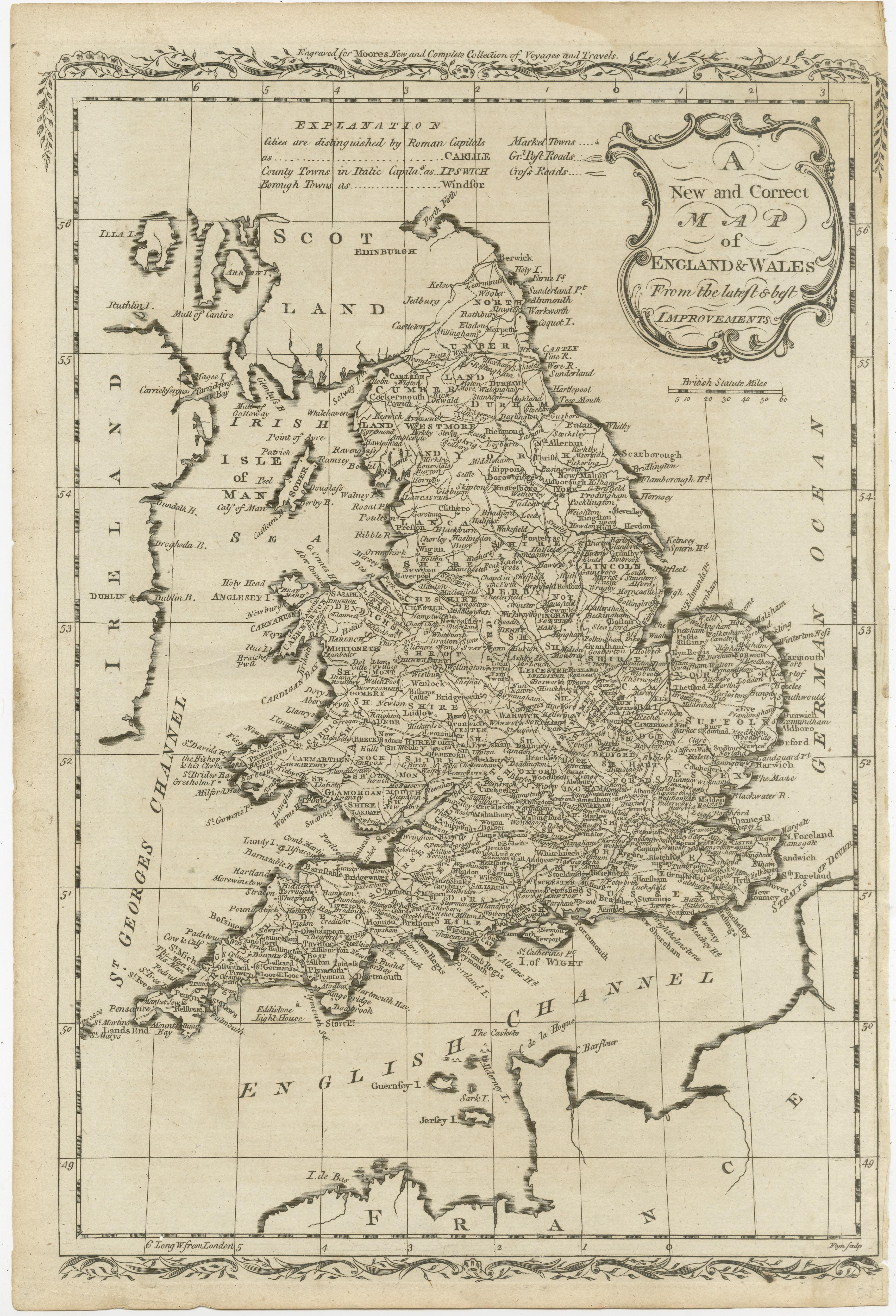 Carte ancienne intitulée 'A New and Correct Map of England and Wales from the Latest and Best Improvements'. Carte originale ancienne de l'Angleterre et du Pays de Galles. Imprimé par Alex Hogg, Londres, pour le 