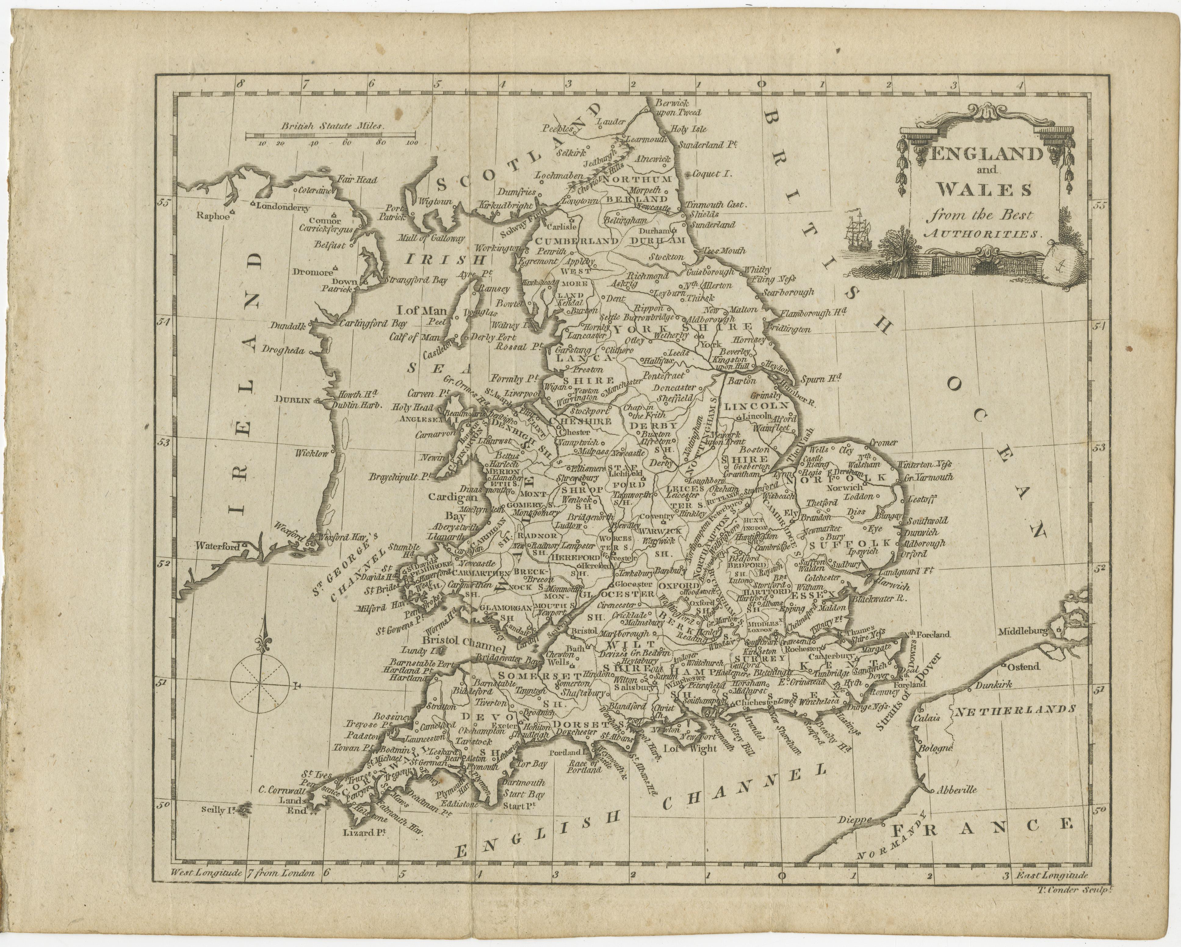 Antique map titled 'England and Wales from the best Authorities'. Original antique map of England and Wales, with decorative cartouche. Engraved by T. Conder. Published circa 1790.